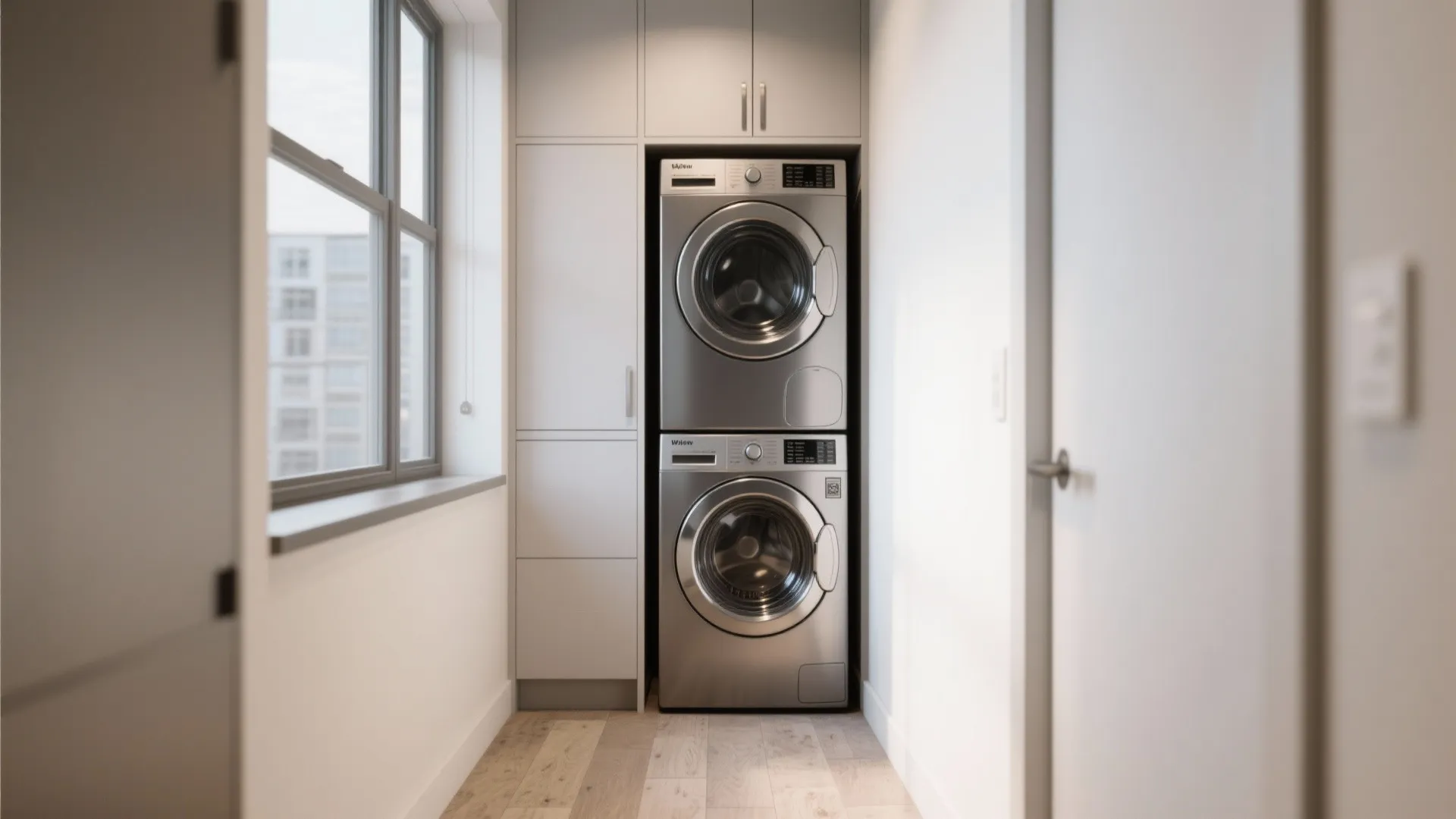 Small laundry space with silver stacked washer and dryer unit built into clean white wall cabinets