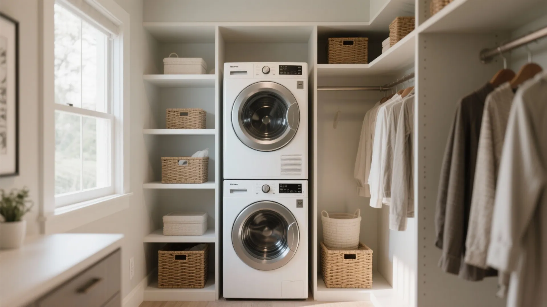 Stacked white washing machine and clothes dryer inside a white closet with shelves and storage baskets