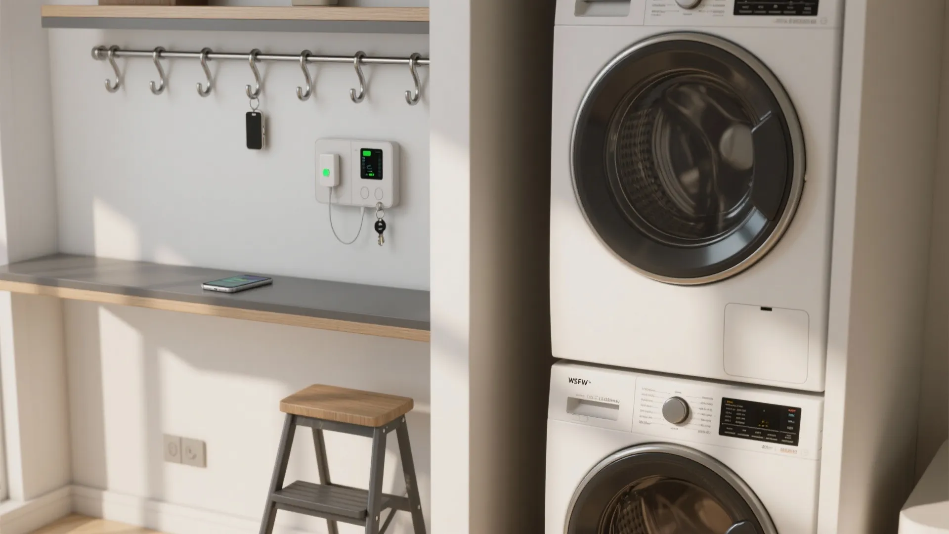5. Stacked Washer with Overhead Hooks and Charging Station