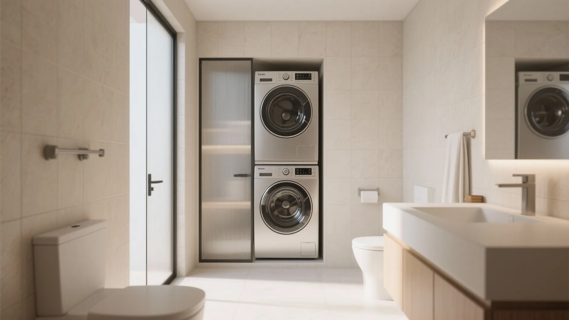 Stacked washing machine and dryer inside a wall niche in a modern white tiled bathroom space