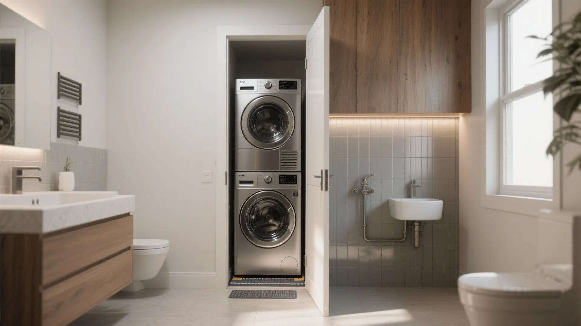 1. Pocketed stacked washer-dryer niche