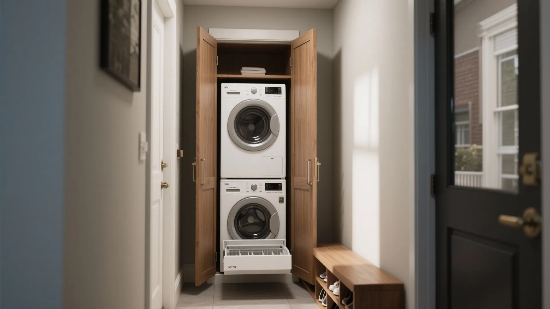 White washing machine and dryer stacked inside a tall wooden cabinet in a small hallway