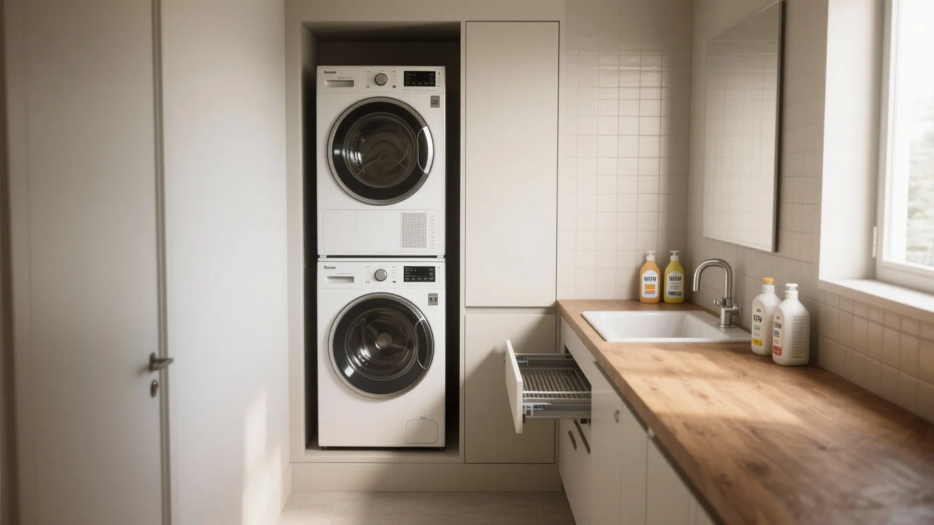 Stacked Washer Nook with Integrated Vanity