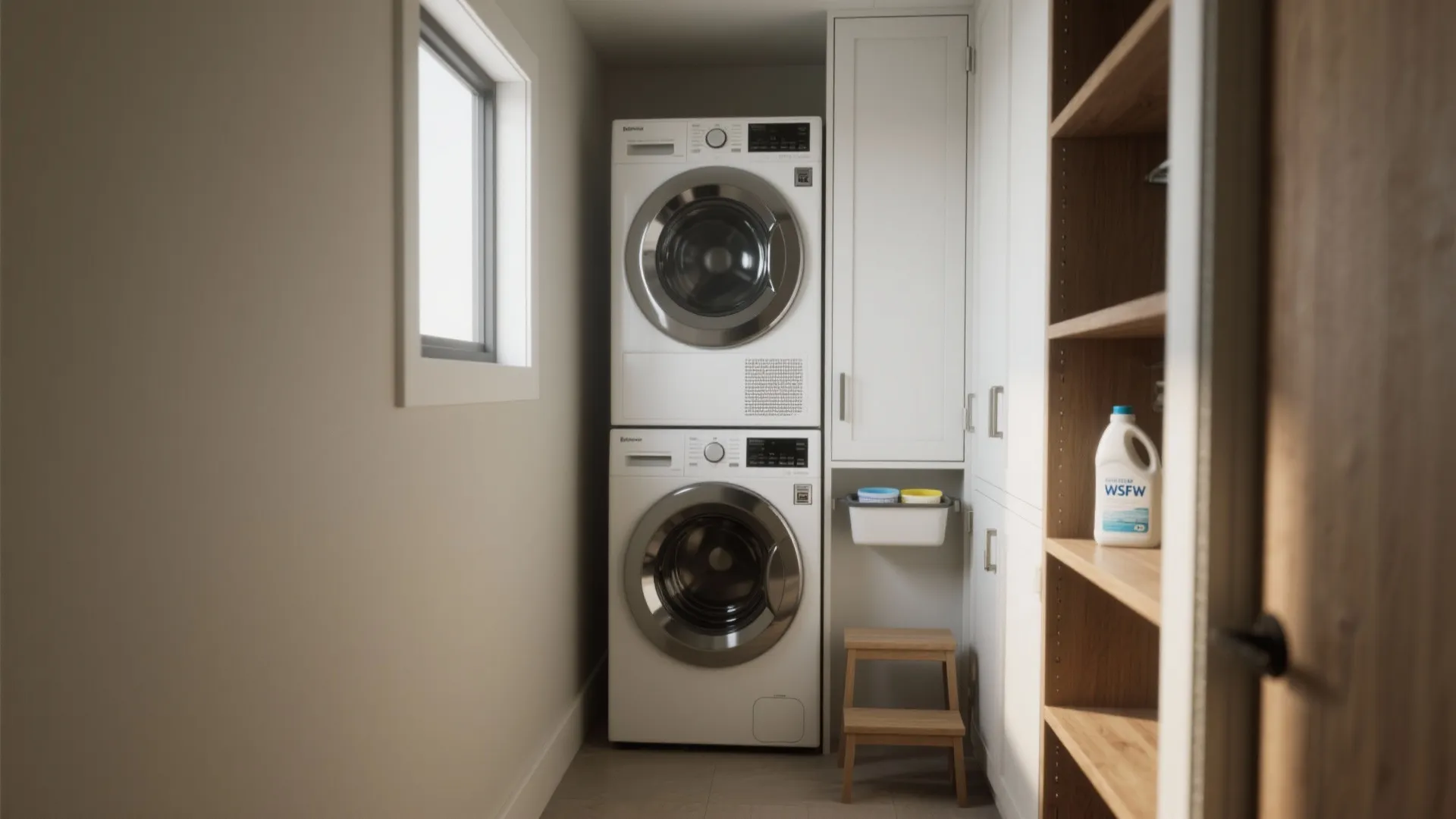 Small laundry nook with white stacked washing machines white cabinet wooden shelves and small wooden step