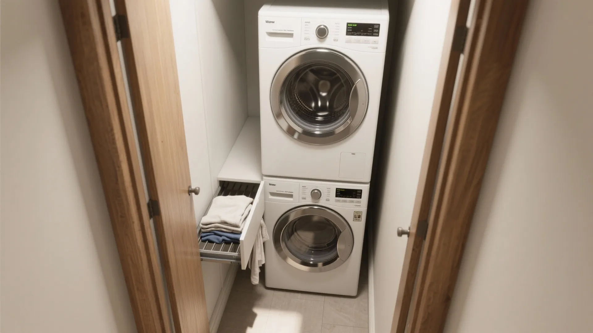 Stacked washer-dryer with pull-out folding shelf