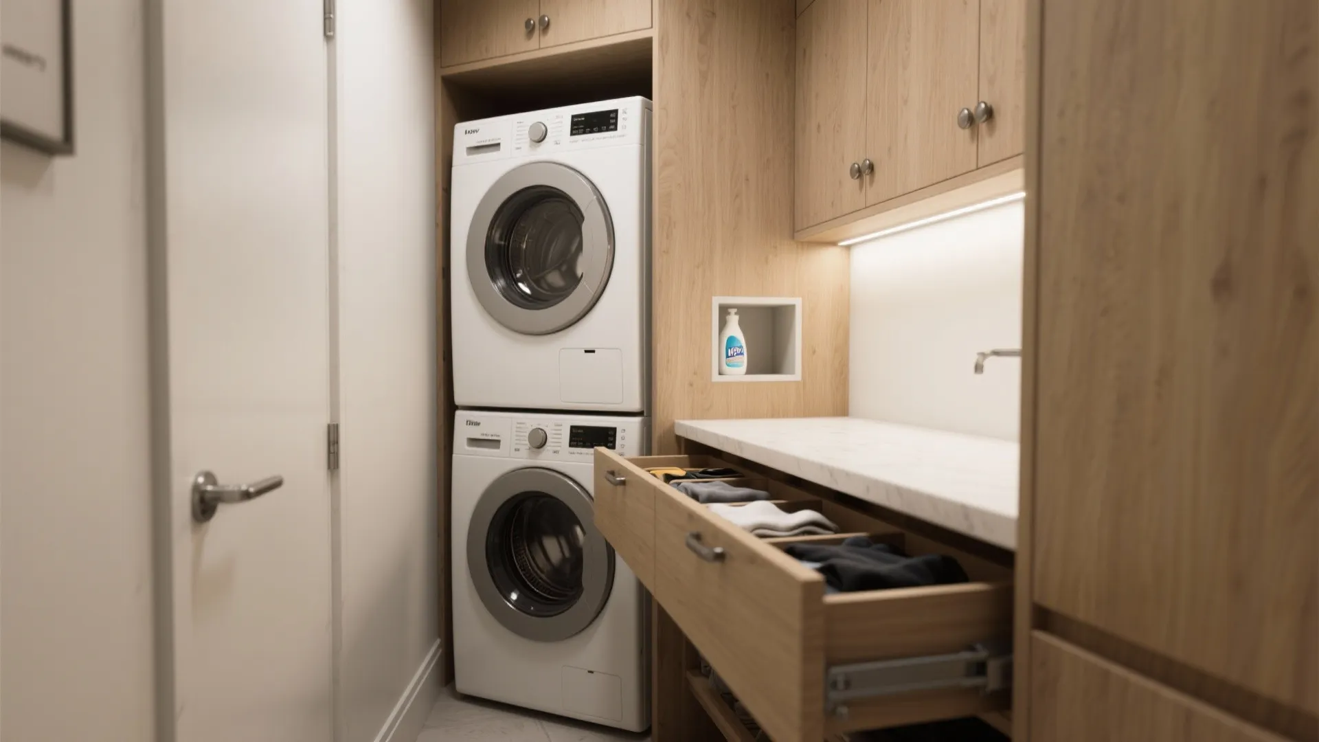 1. Stack and Slide: Stacked washer-dryer with pull-out shelf