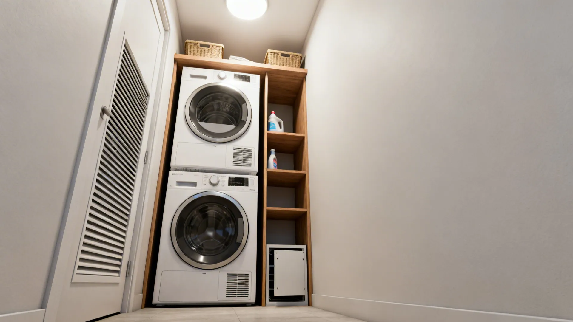 Stacked washer and dryer with slim built-in shelving and removable service access panel.