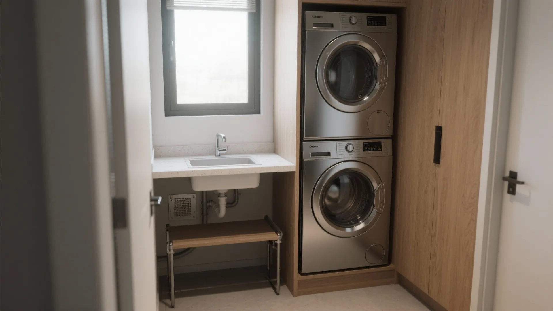 Stacked washer-dryer with a slim sink and folding lead-in shelf in a tight apartment laundry nook.