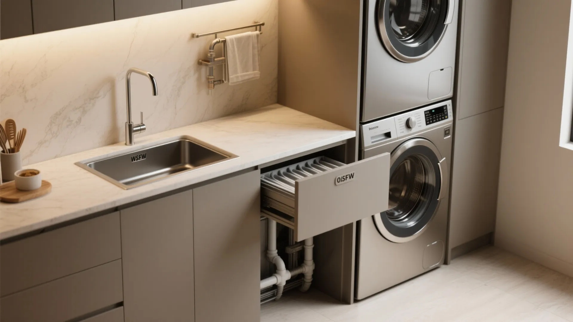 4. Washer-dryer stack with a countertop sink island