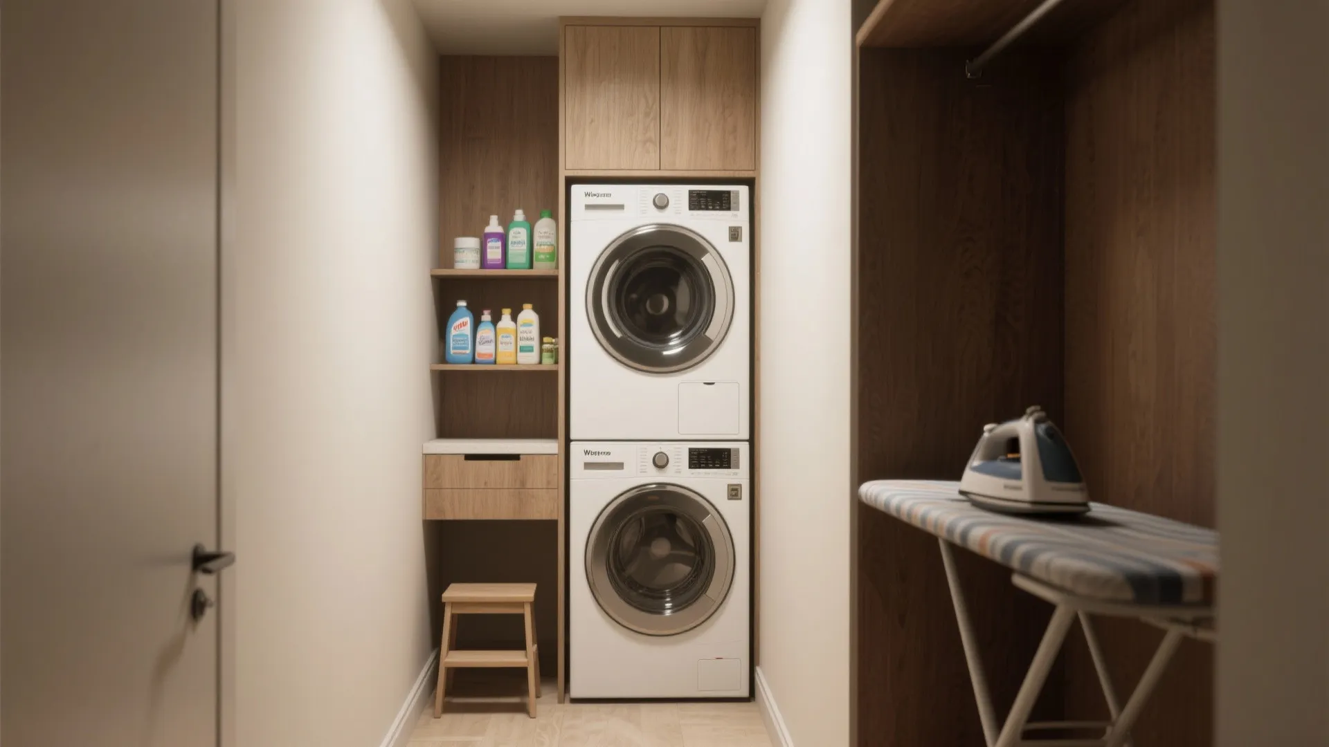 Small laundry room with stacked white washing machines wooden cabinets and an ironing board setup