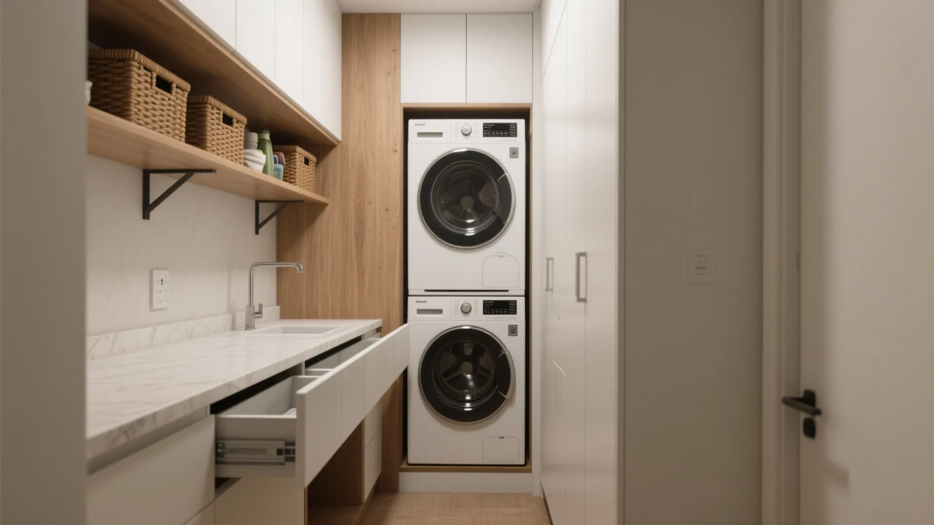 Small laundry room with white stacked machines and open white drawer under marble counter top surface