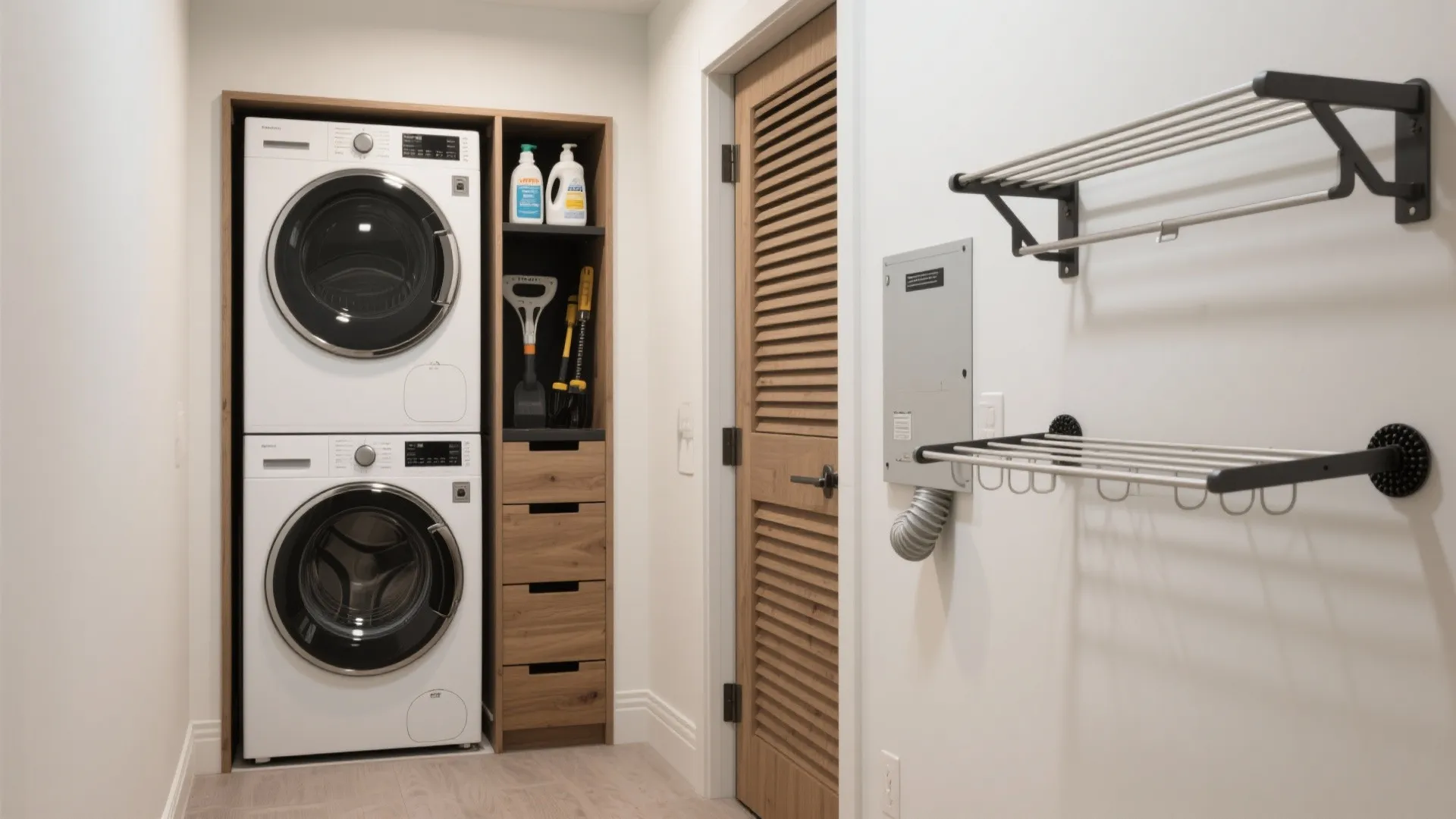 Modern laundry room featuring stacked white washing machines with wooden cabinets and black wall drying racks