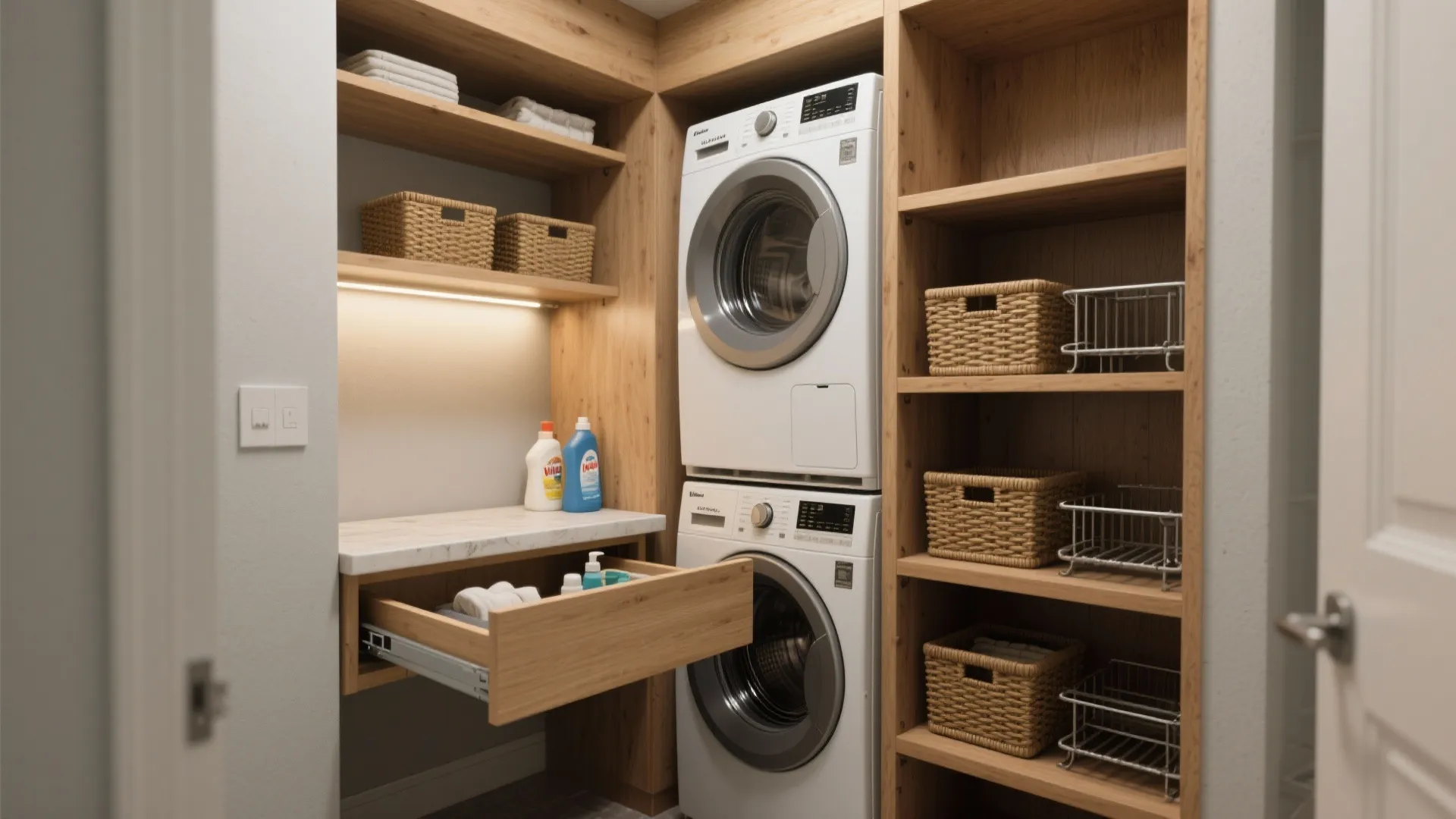 Stacked washer and dryer in wooden cabinet with open pullout drawer and woven storage baskets