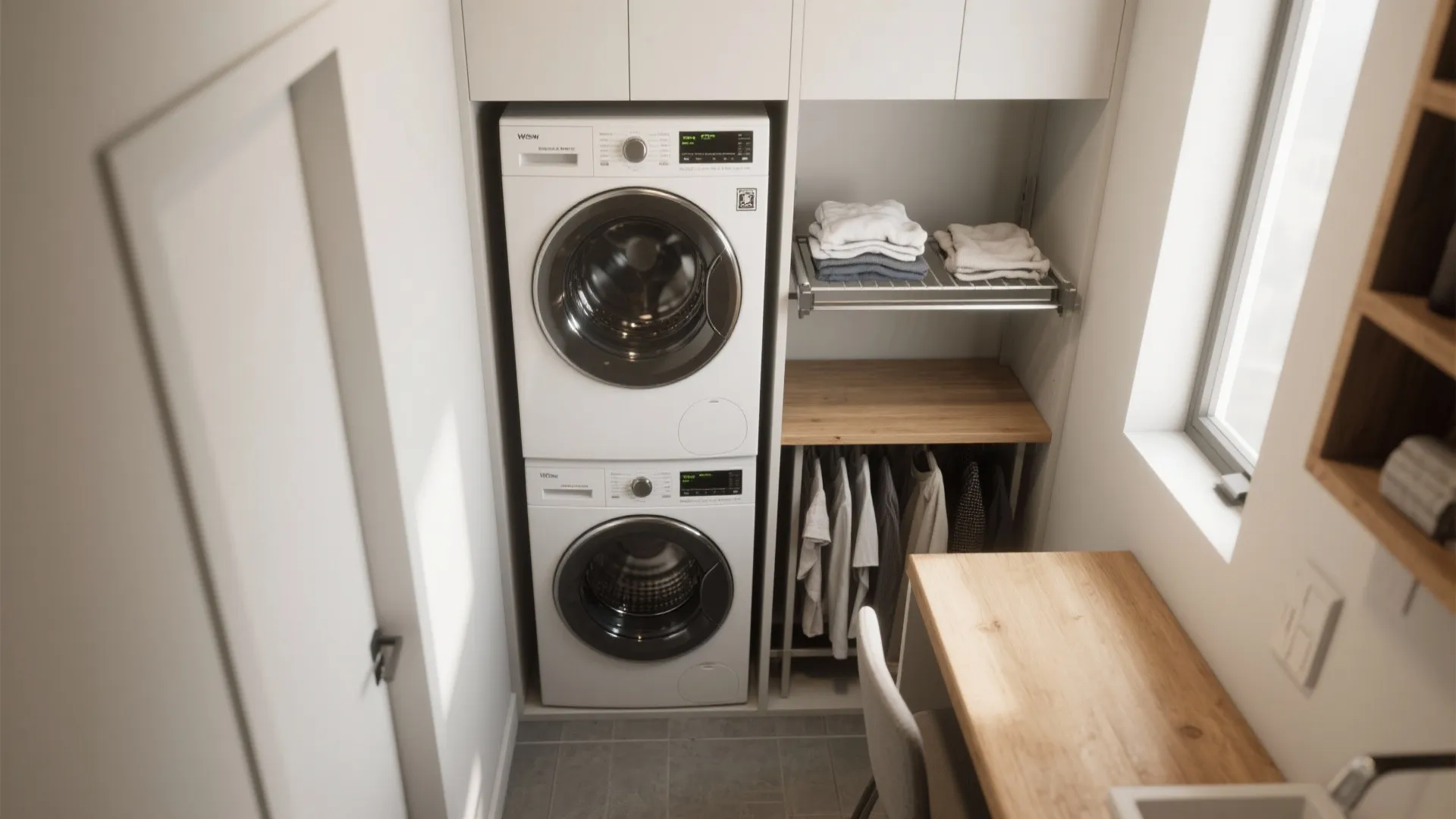 1. Stack smart: vertical washer-dryer with a folding shelf