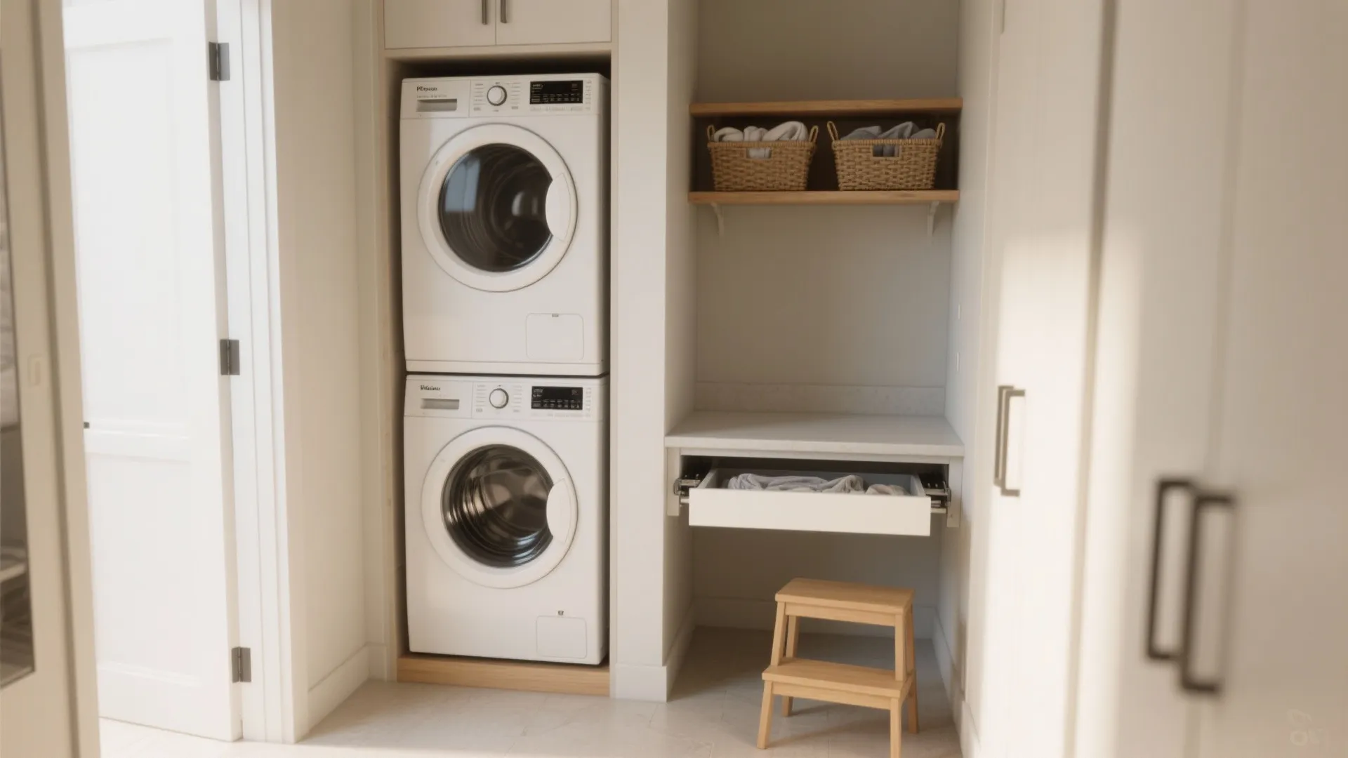 1. Stack the washer and dryer with a dedicated folding shelf