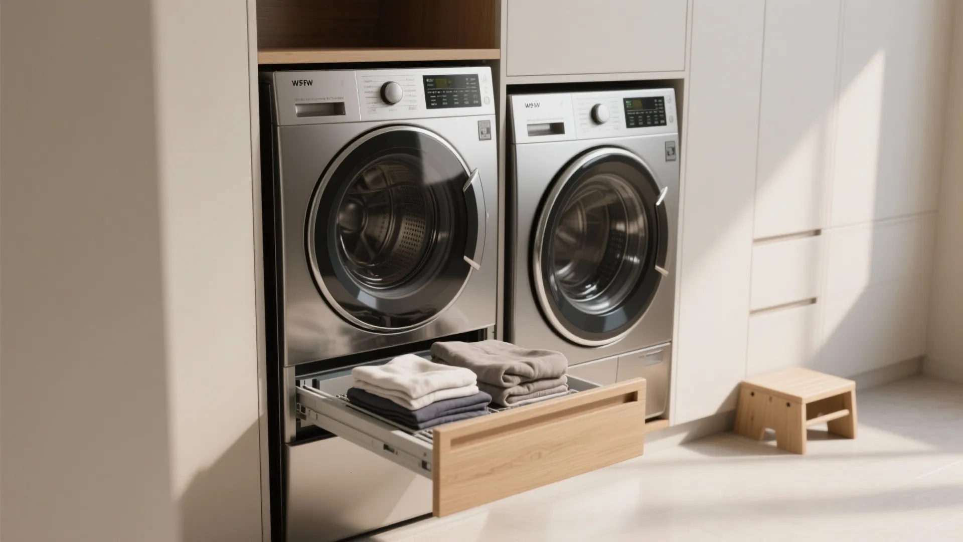 Modern laundry room featuring silver washing machine and dryer with a wooden pull out drawer shelf