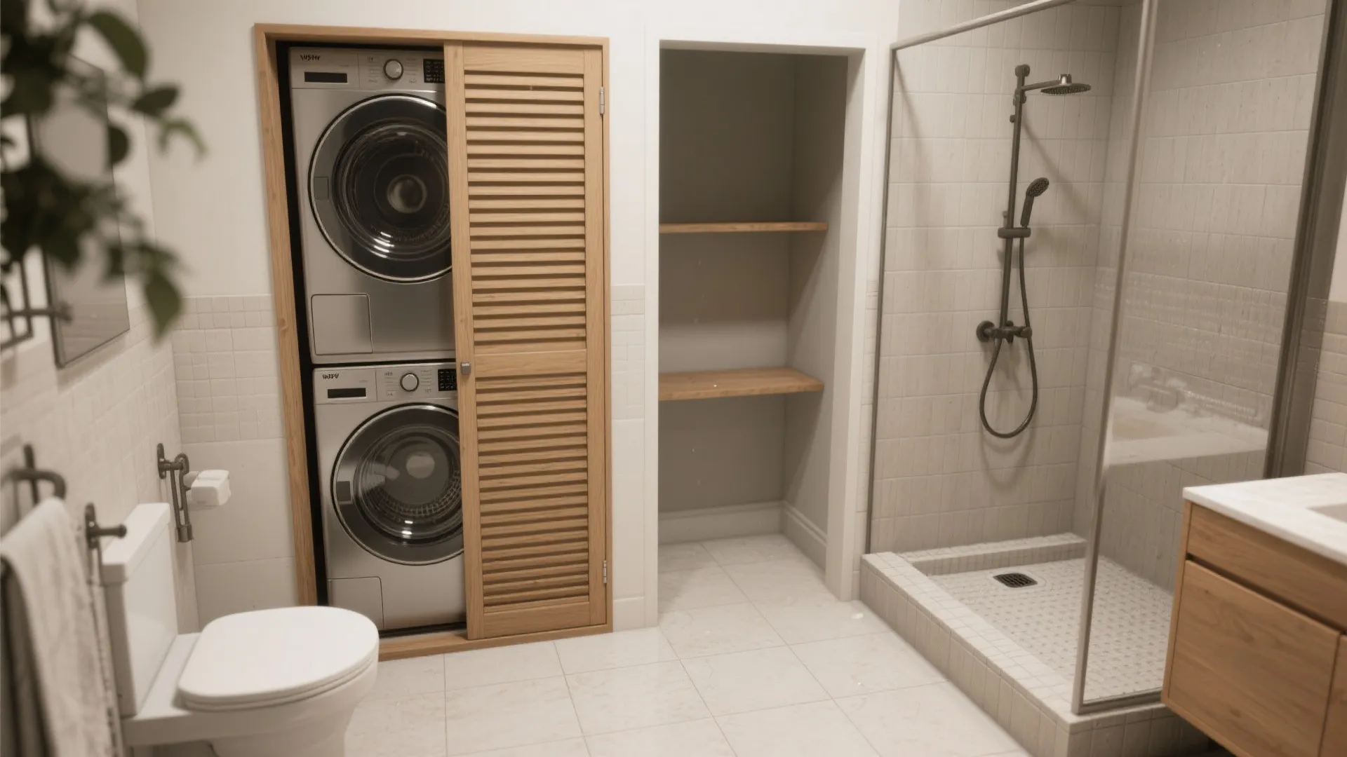 Stacked washing machines behind wooden sliding doors in a modern bathroom next to glass shower