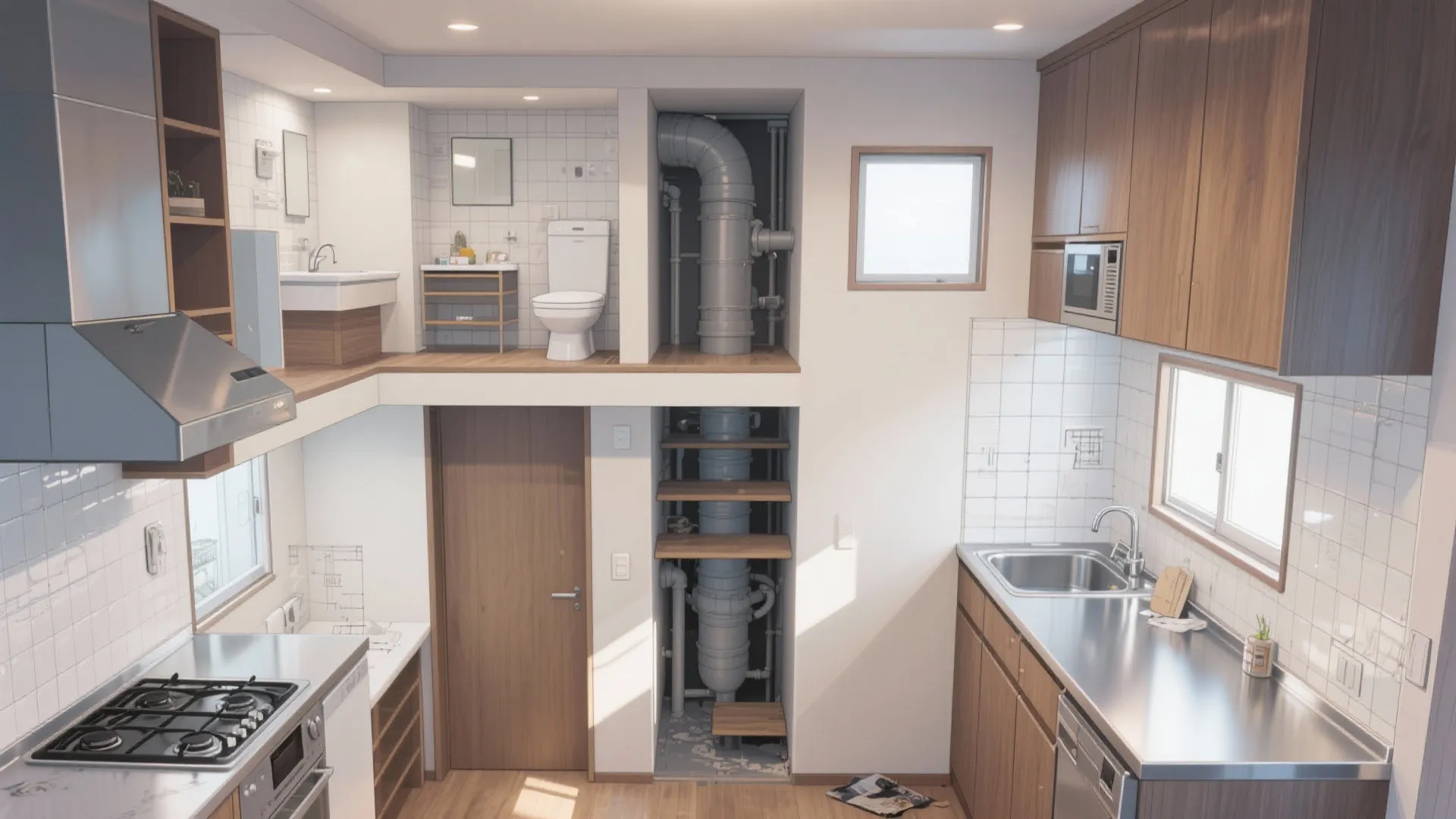 Tips 2: 水まわりは上下に重ねて音とコストを抑える（動線計画の実践）