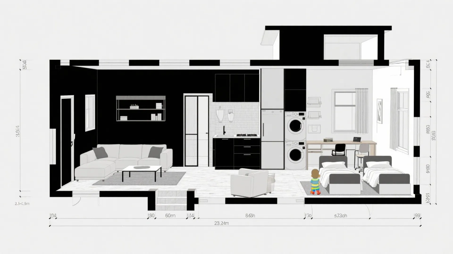 Modern open apartment interior design drawing with living room kitchen and small bedroom layout view