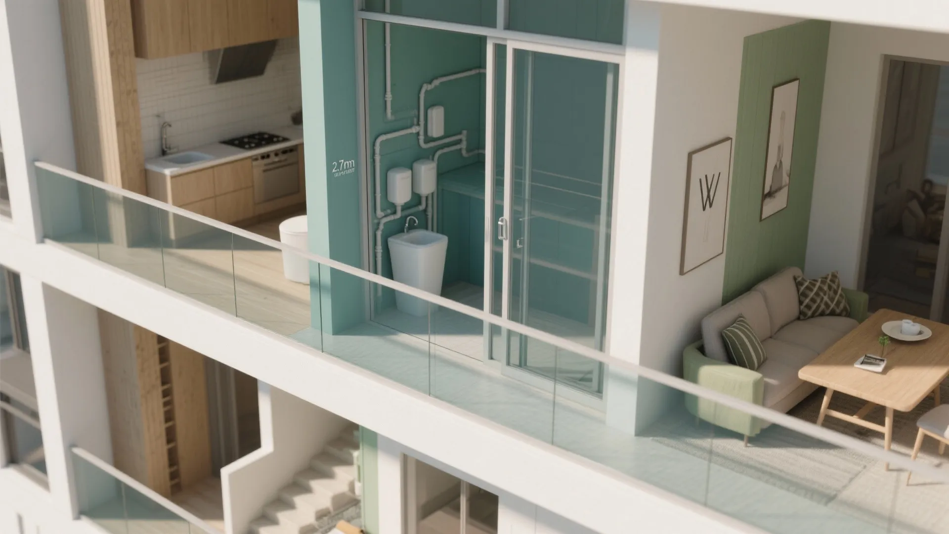 Top-down plan view showing stacked wet core and a clear balcony wall with wide sliding doors.