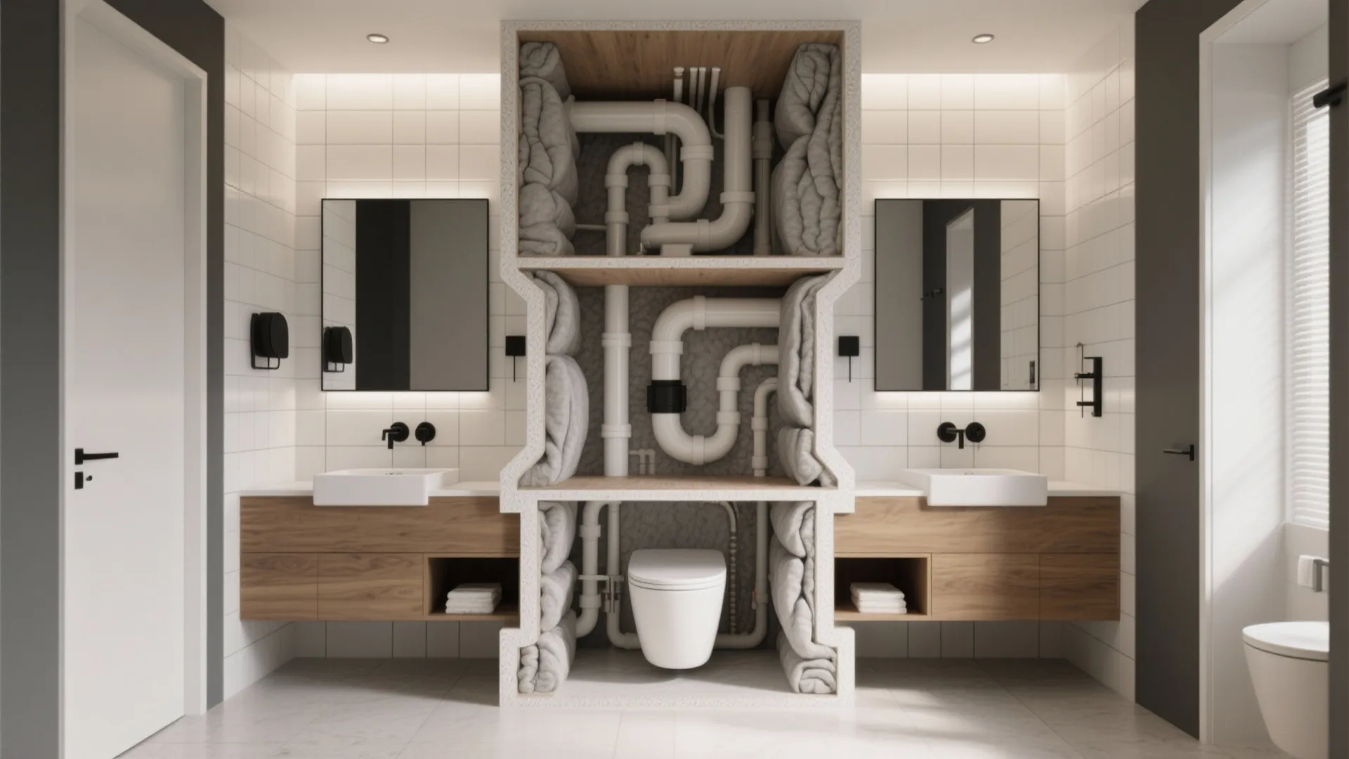 Cutaway view of two stacked ensuites sharing a service wall with visible plumbing and insulation.