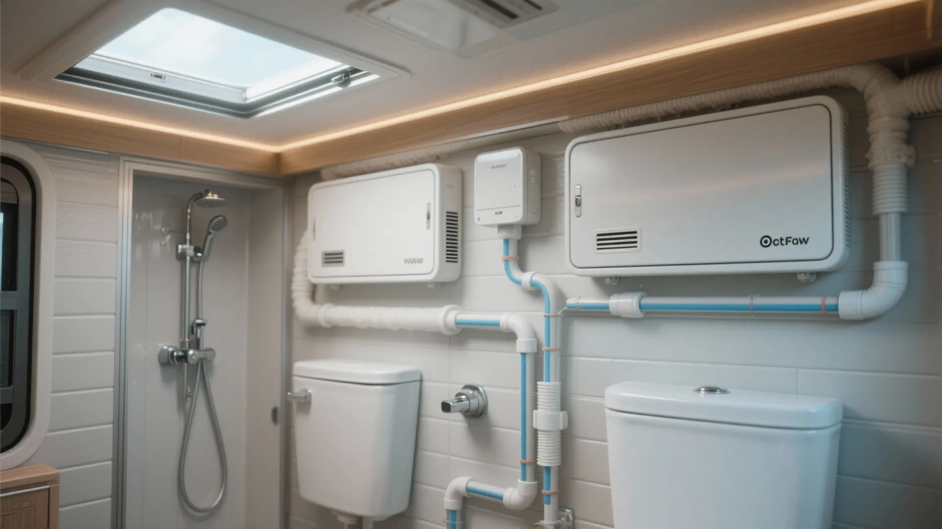 Stacked wet wall inside a camper showing compact plumbing runs and access panel.