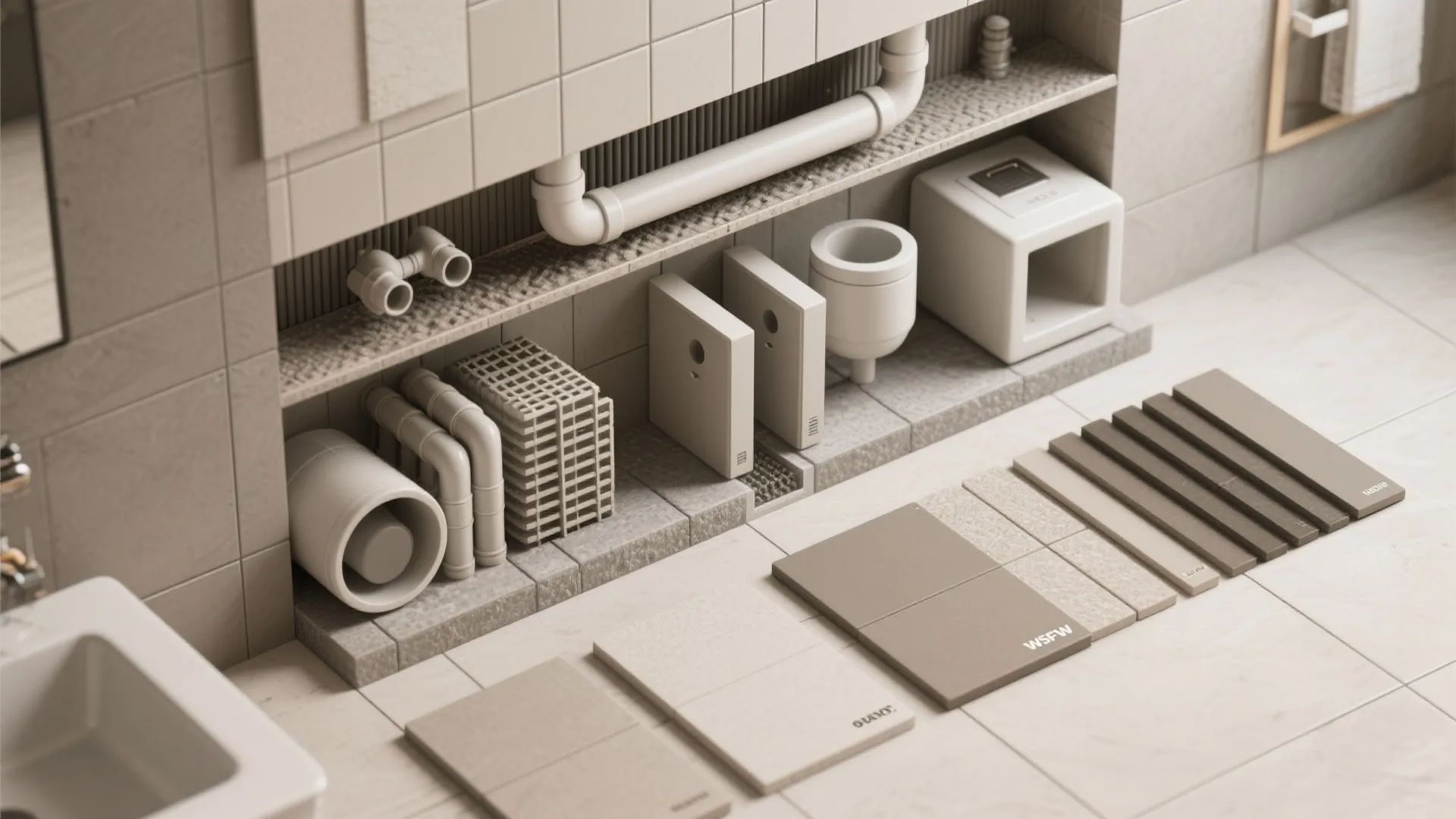 Material flatlay showing stacked wet-zone components and tile samples for back-to-back bathrooms.