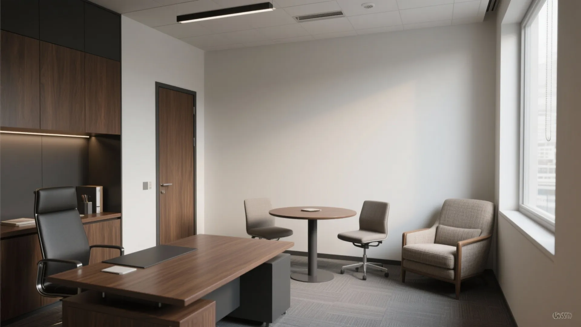 Private office interior design showing large wooden desk small meeting table chairs and comfortable armchair