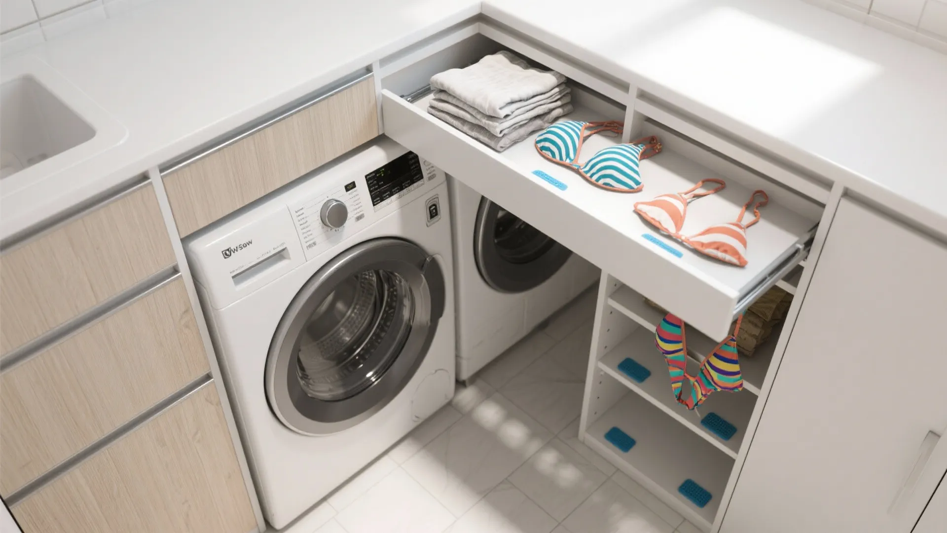 Laundry room with white washing machines and open drawer containing folded towels and two swimsuits