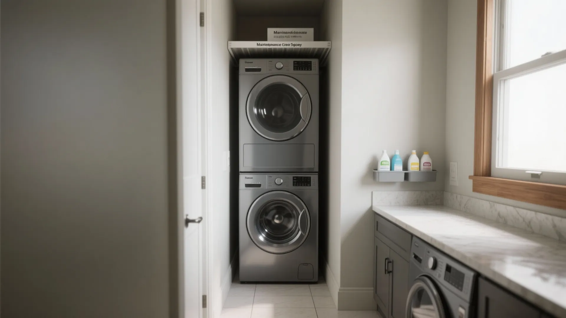 Modern laundry room with stacked silver washing machines inside a small closet and marble countertop