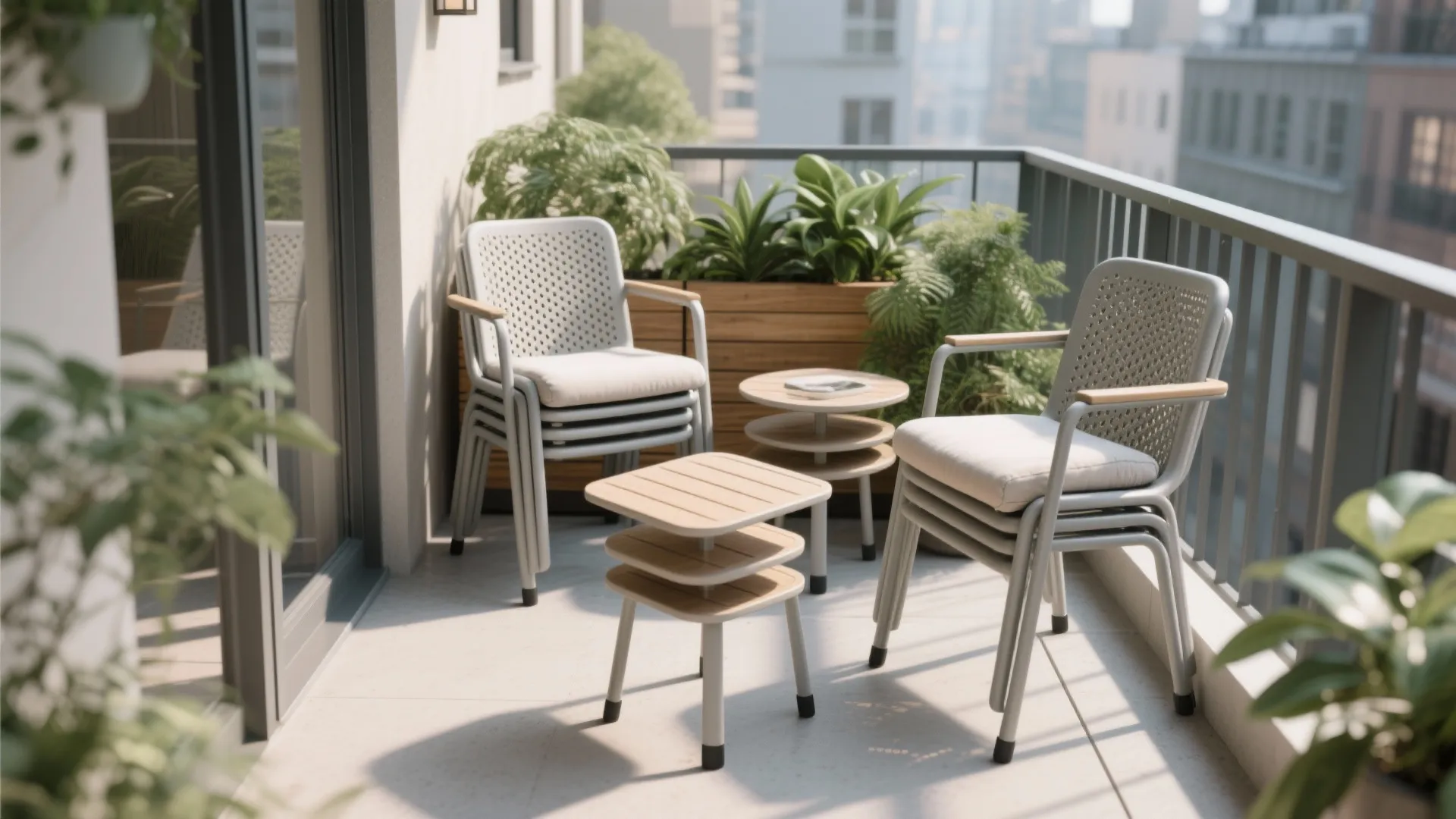 Stacking chairs + nesting tables for modular living