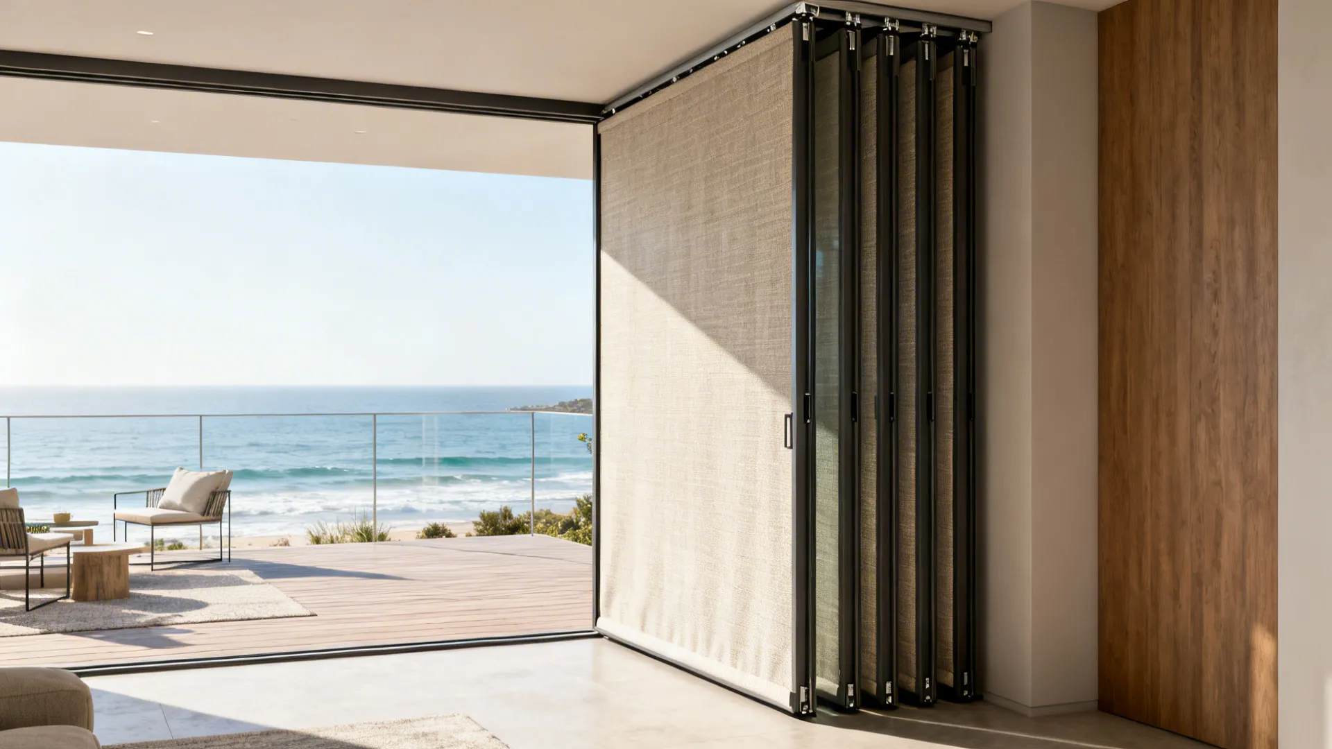 Track-mounted stacking panels for sliding doors neatly tucked to one side, showing clean sightlines and indoor-outdoor flow.