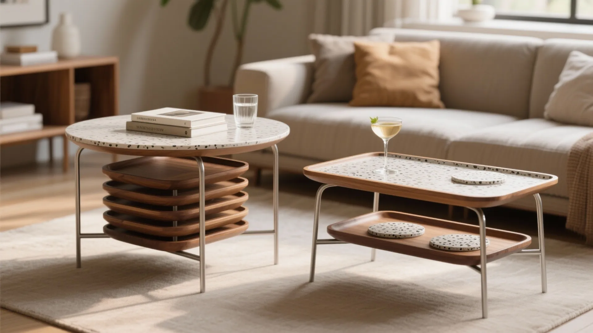 Nesting tray tables shown both nested and spread out in a living room setting.
