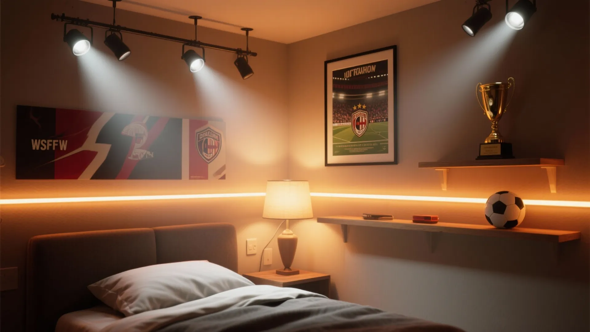 Layered lighting including track lights, bedside lamp and LED strip creating a stadium-like ambiance in a small bedroom.