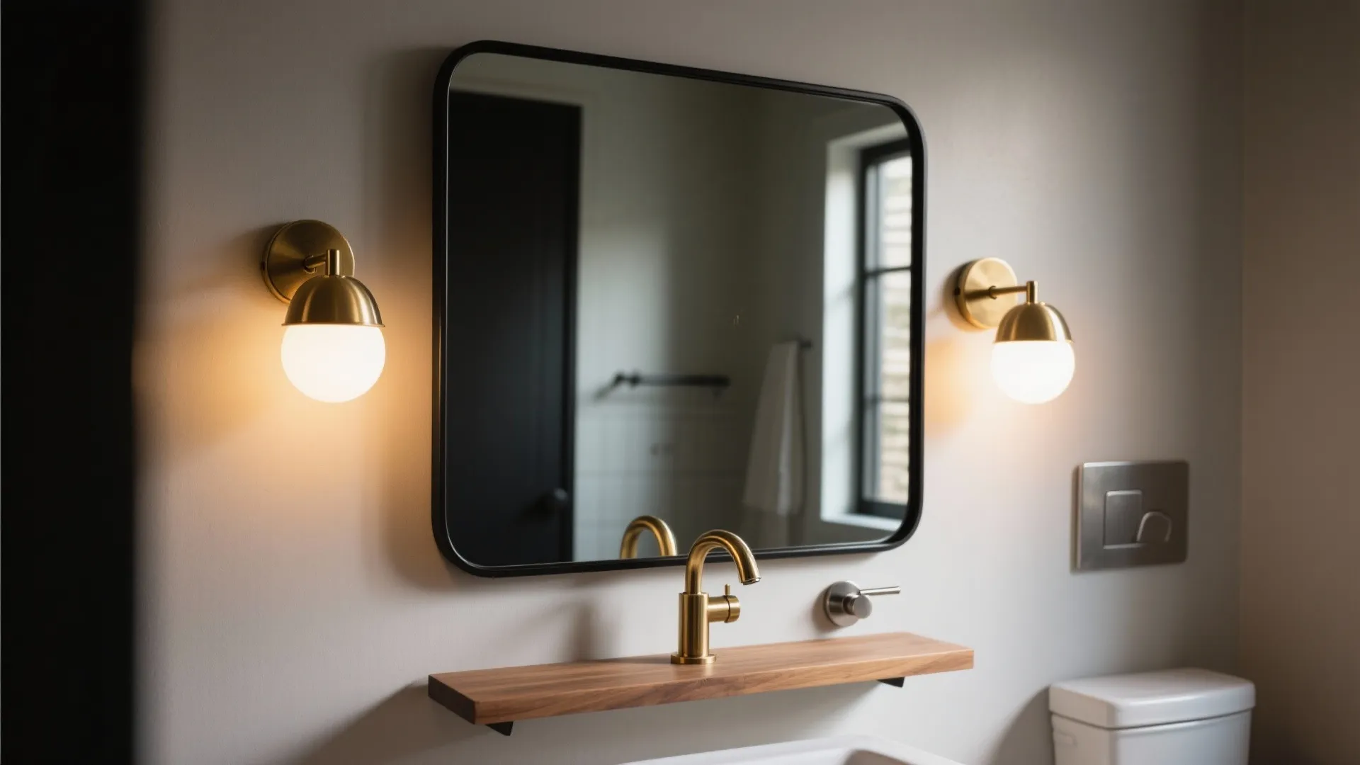Bathroom mirror with rounded industrial sconces, black frame, matte gold faucet, and a small wood shelf.