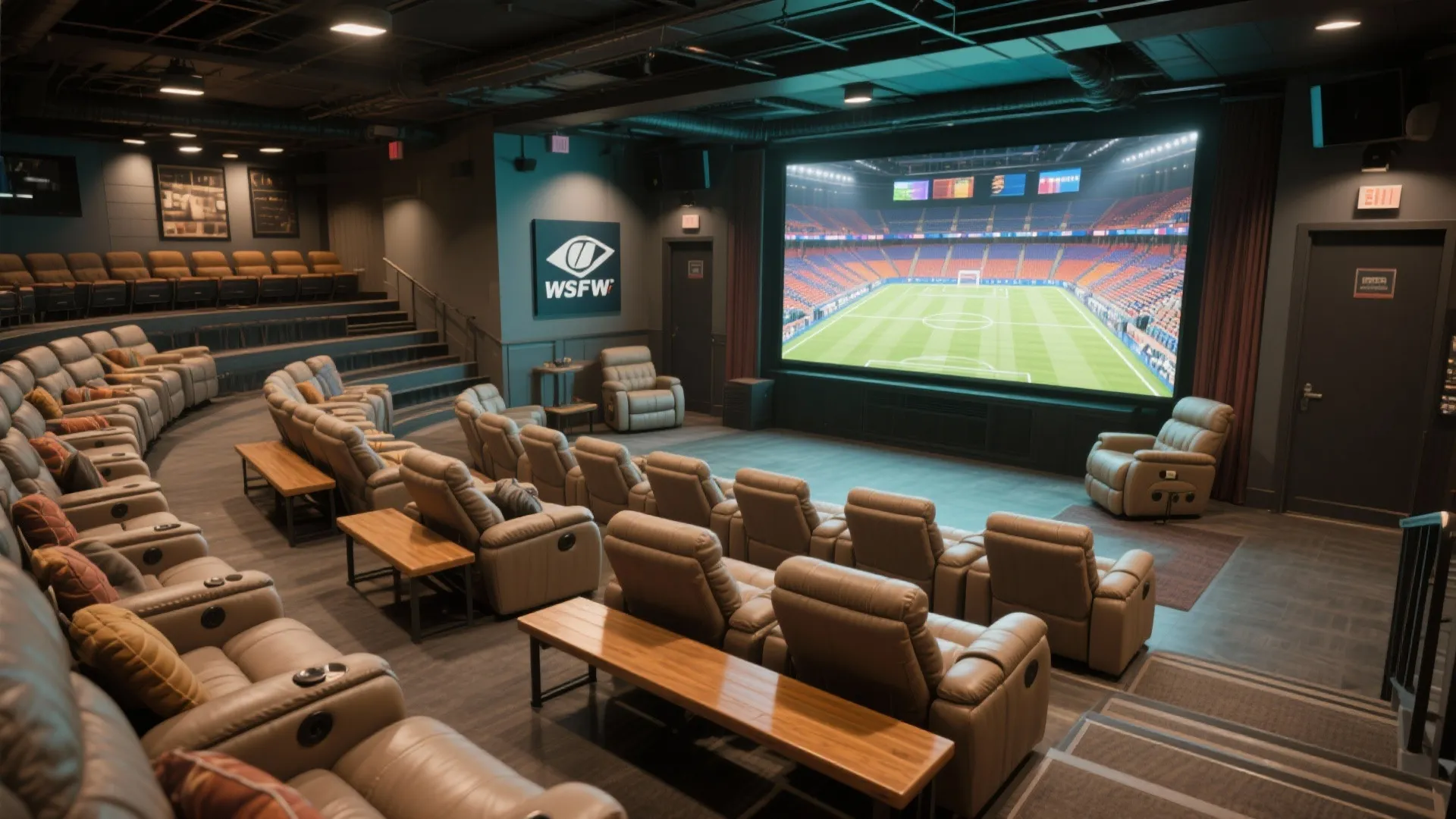 Tiered seating in a basement designed for watching sports.