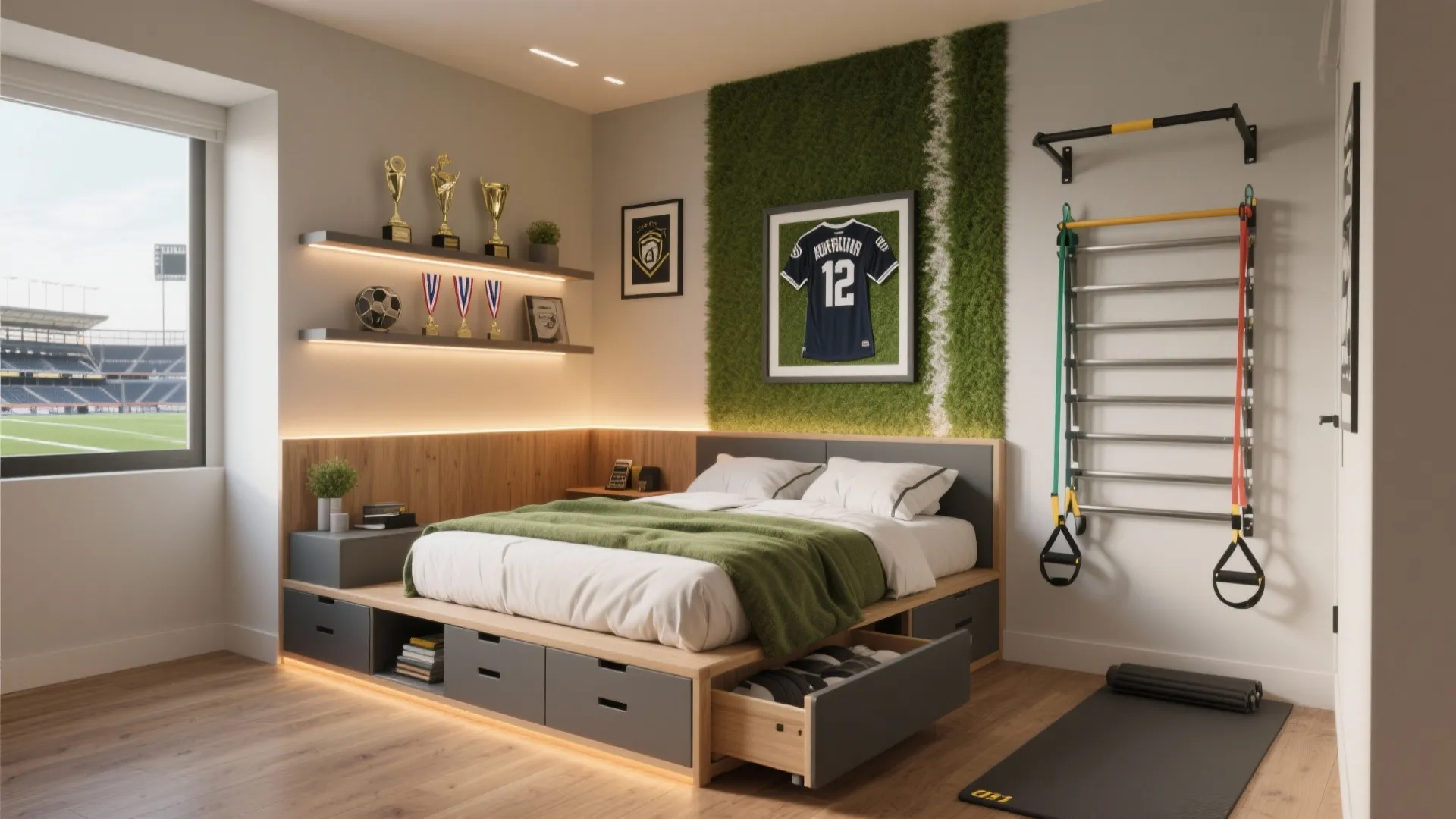 Modern bedroom with green grass wall framed jersey storage bed workout equipment and large window