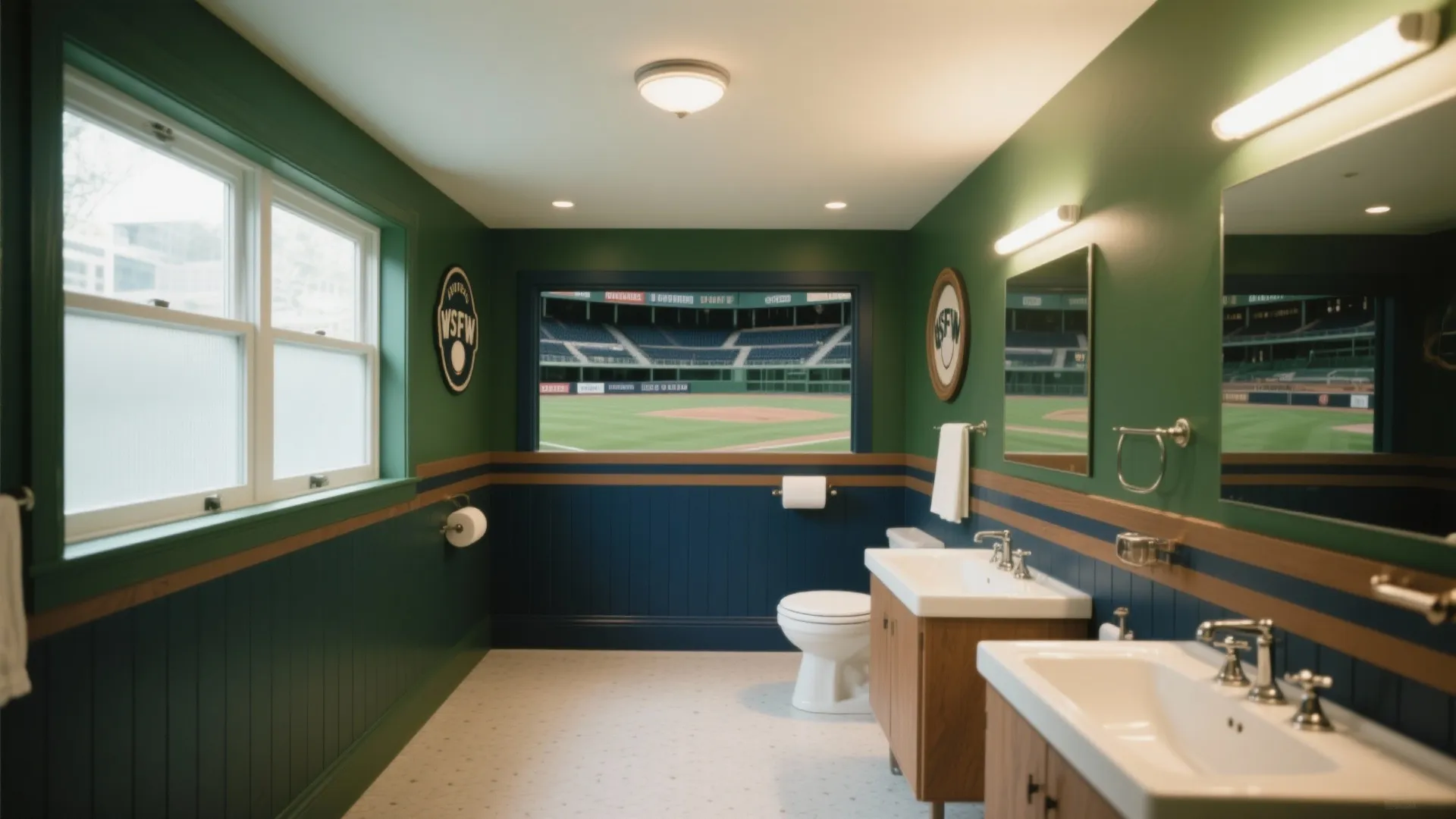 Large green bathroom with blue wall panels showing window view of a green baseball stadium