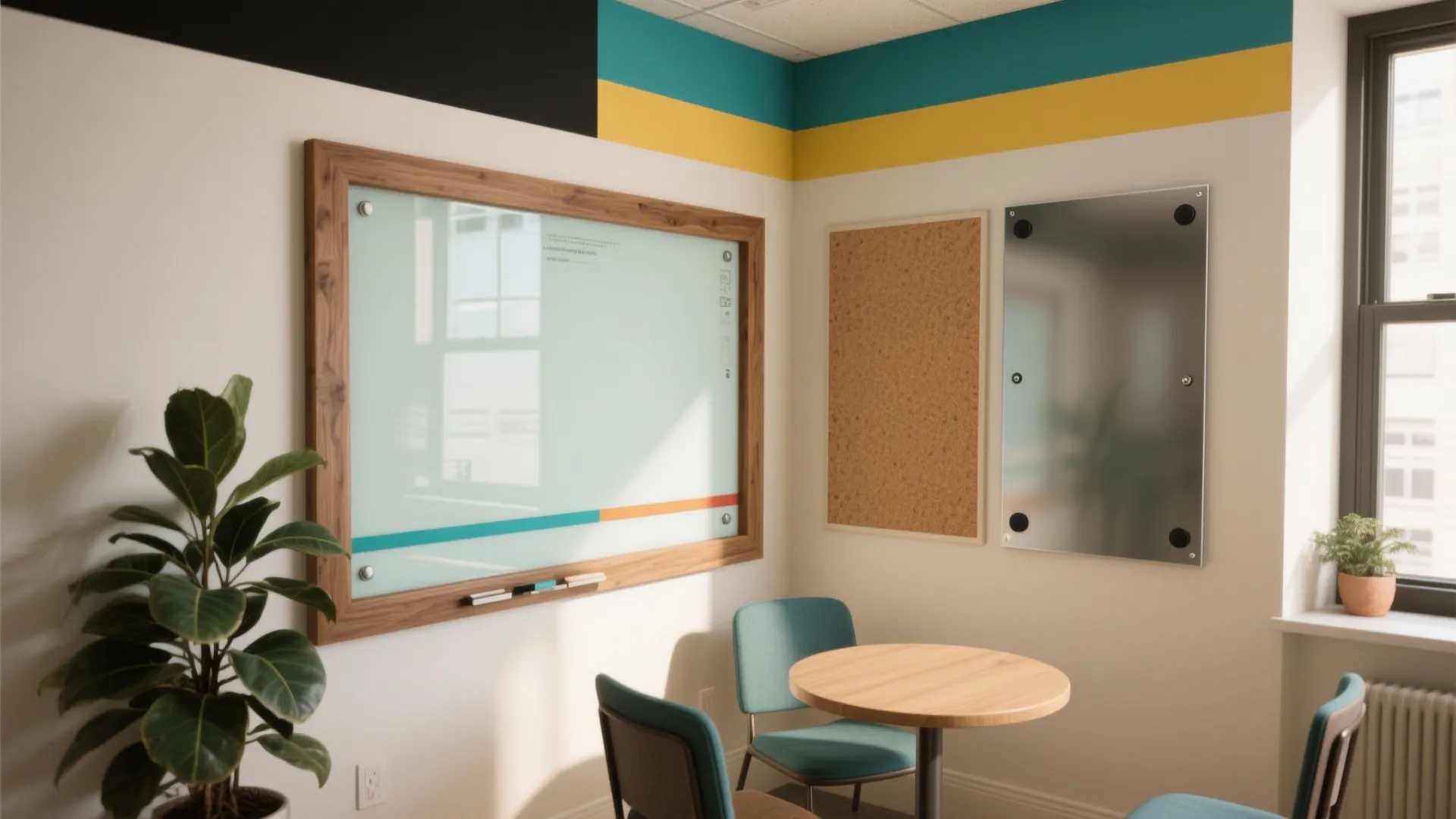 Modern office interior with white board, cork board, round wooden table, blue chairs, and plant