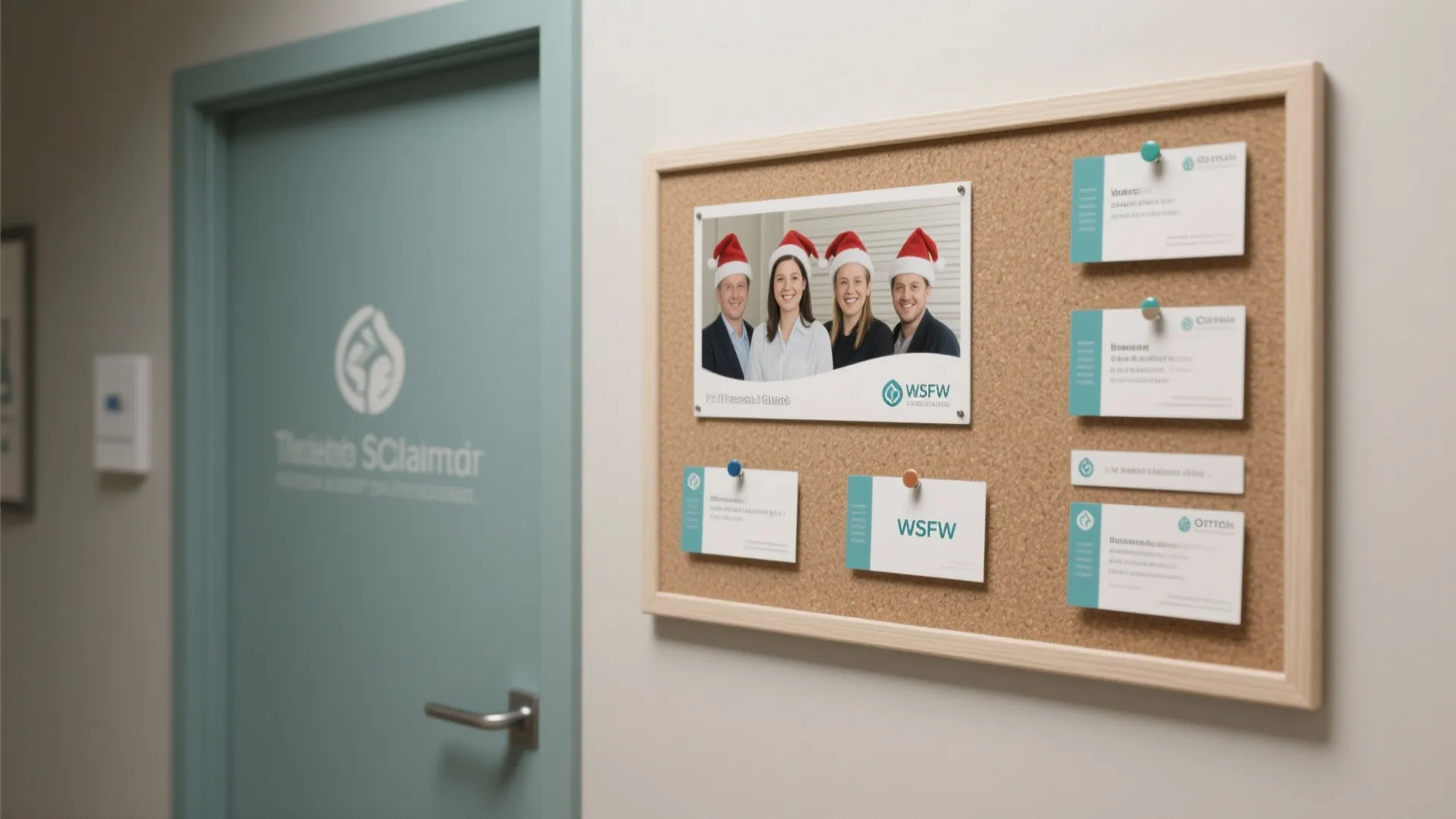 Staff-personalized doorboard with professional mini-cards and a neutral, clinic-appropriate color palette.