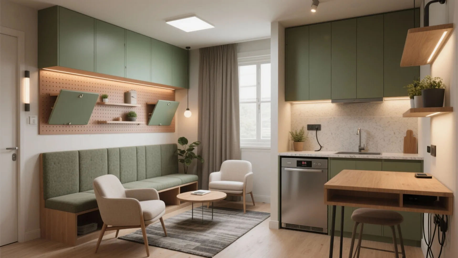 Modern lounge area with green wall cabinets green bench sofa white armchairs and small kitchen