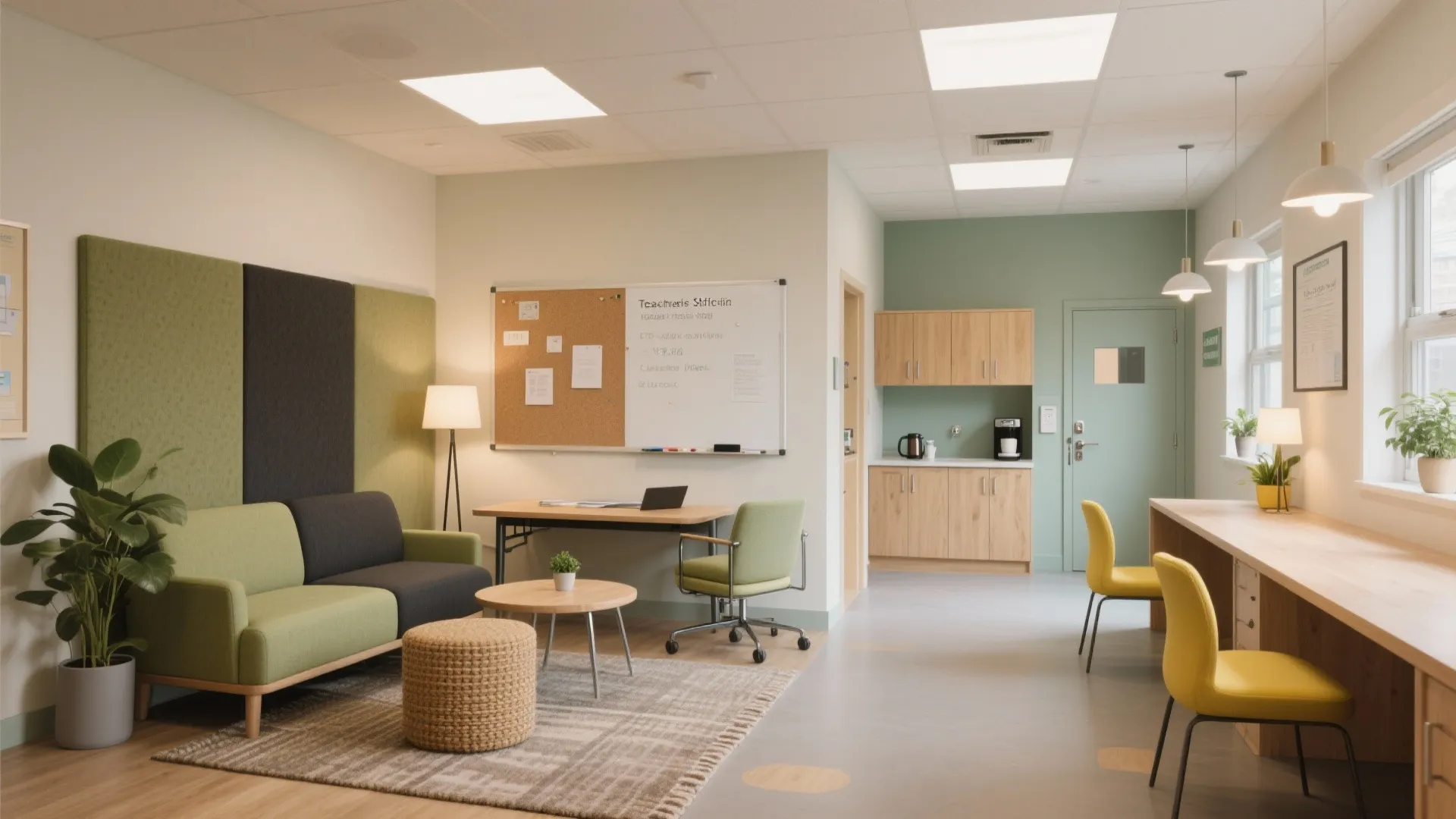 Modern office staff room with green sofa wooden desk whiteboard and small kitchen area cabinets