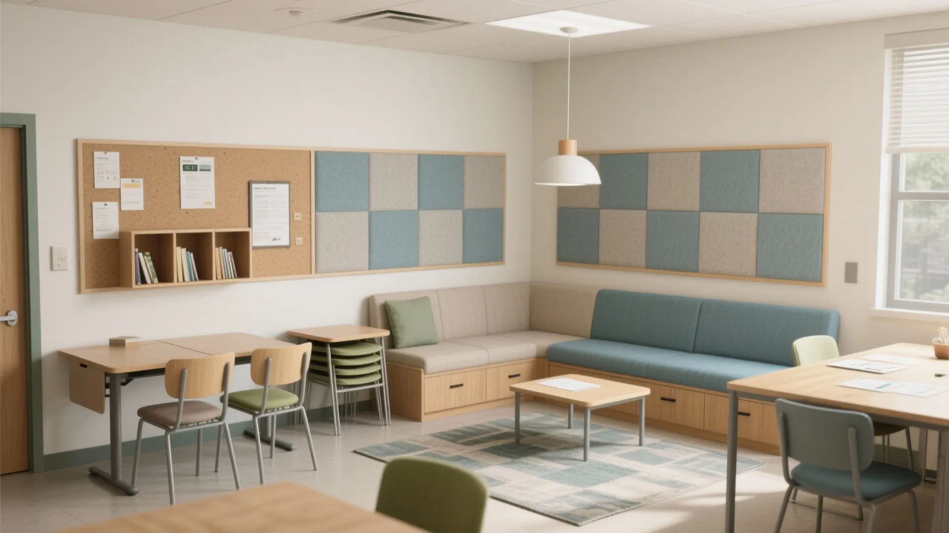 Bright staff room with corner sofa wooden tables ceiling light and cork board for notices