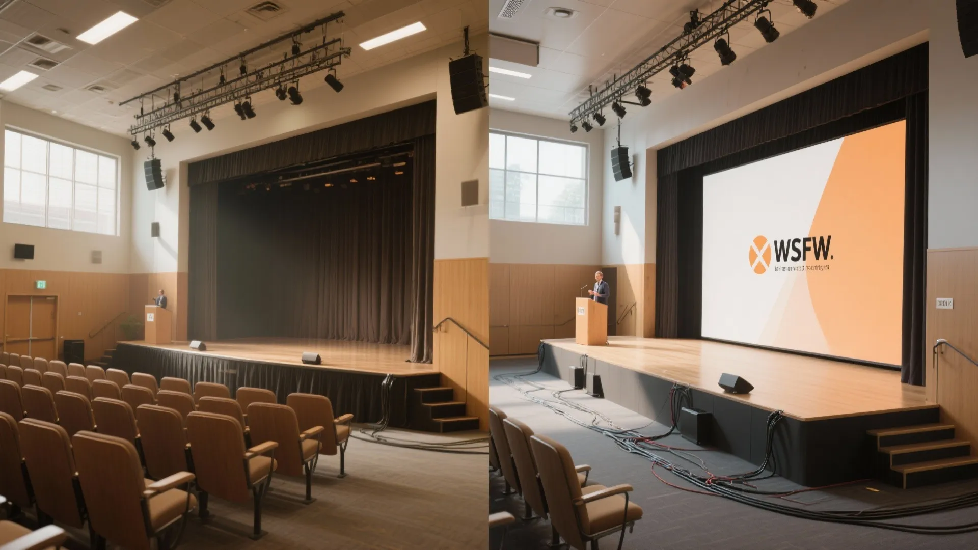 Before and after comparison of an empty auditorium stage versus a live presentation with speaker