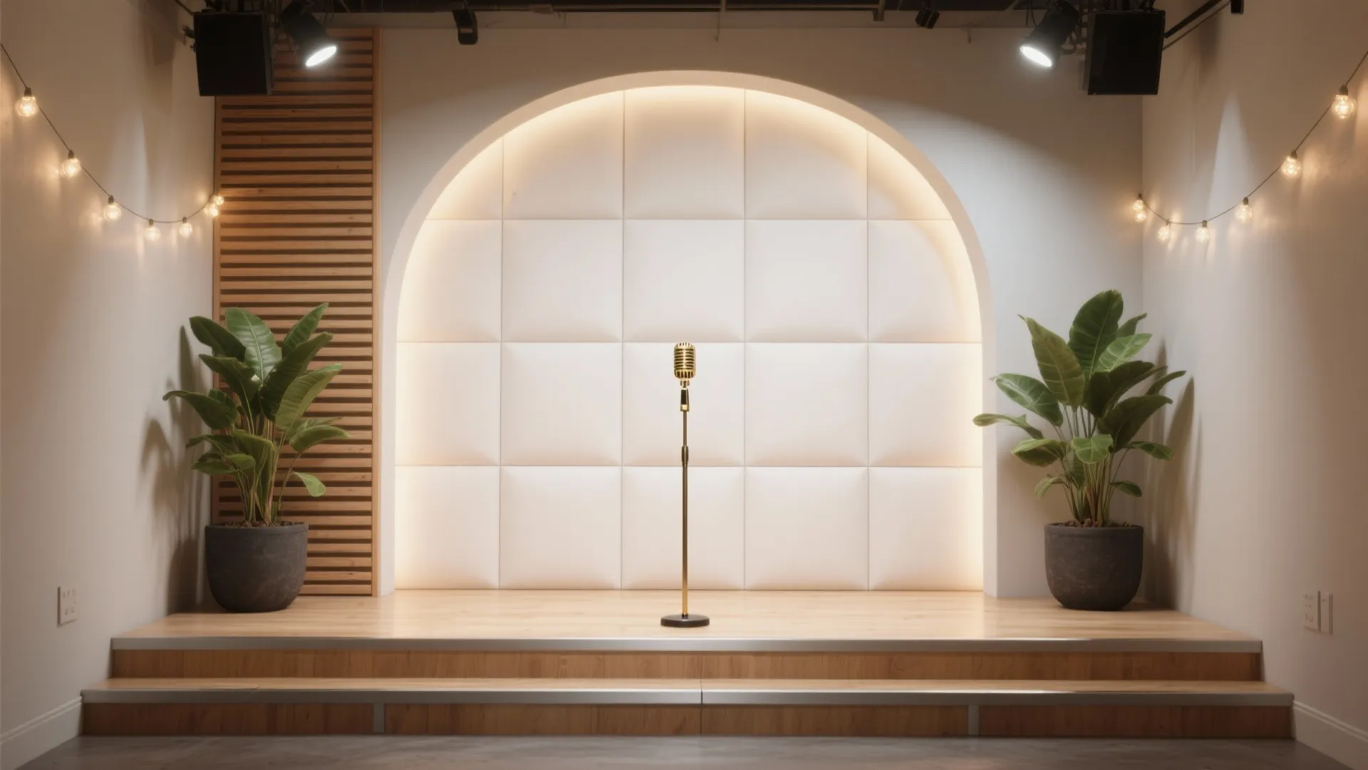Small indoor stage with gold microphone wooden floor arch background two potted plants and lights