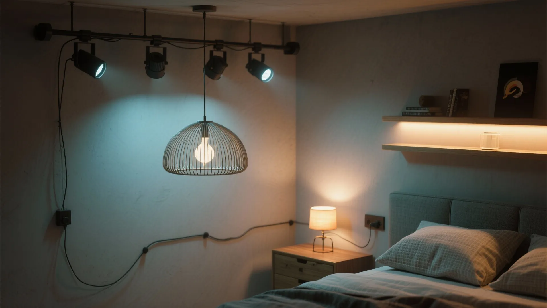 Modern bedroom with ceiling light above bed and wall mounted spotlights creating a warm atmosphere