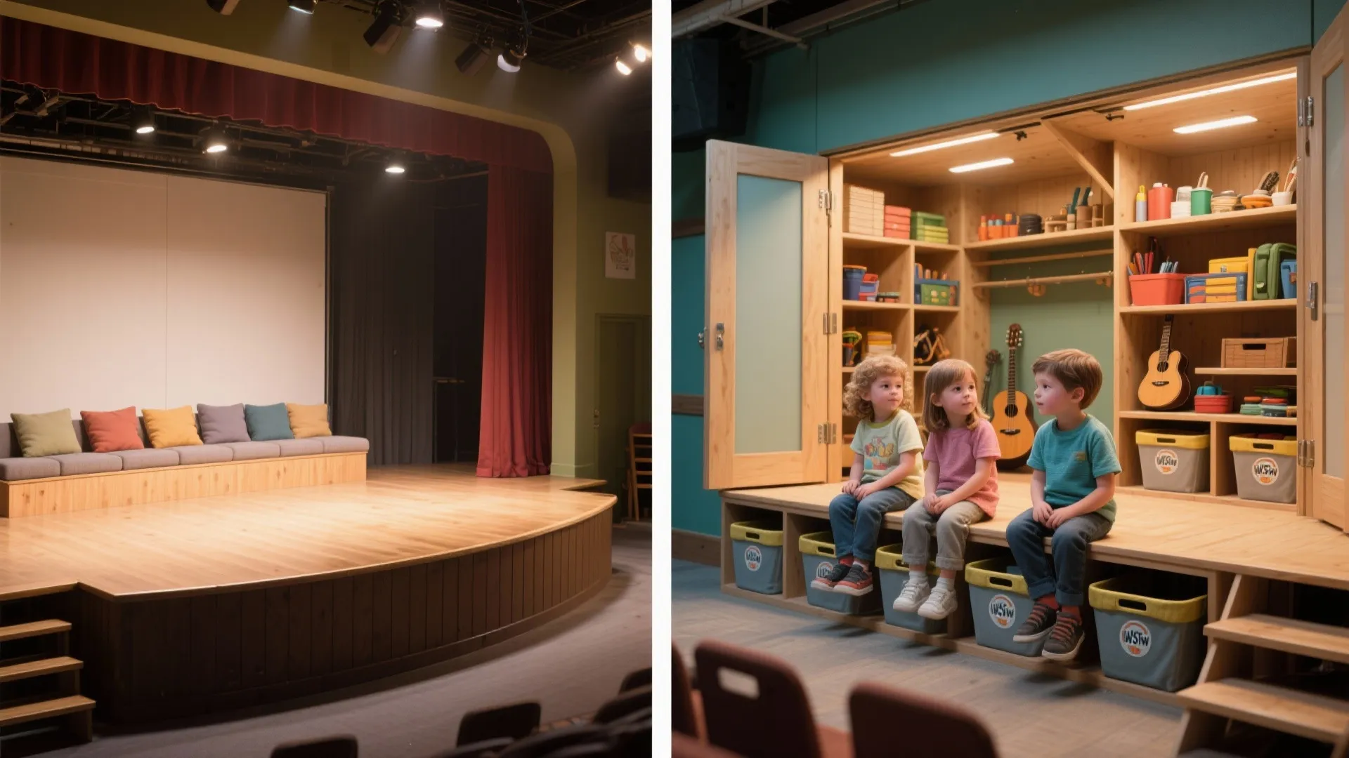 Before and after comparison showing an empty wooden stage versus a functional stage with storage