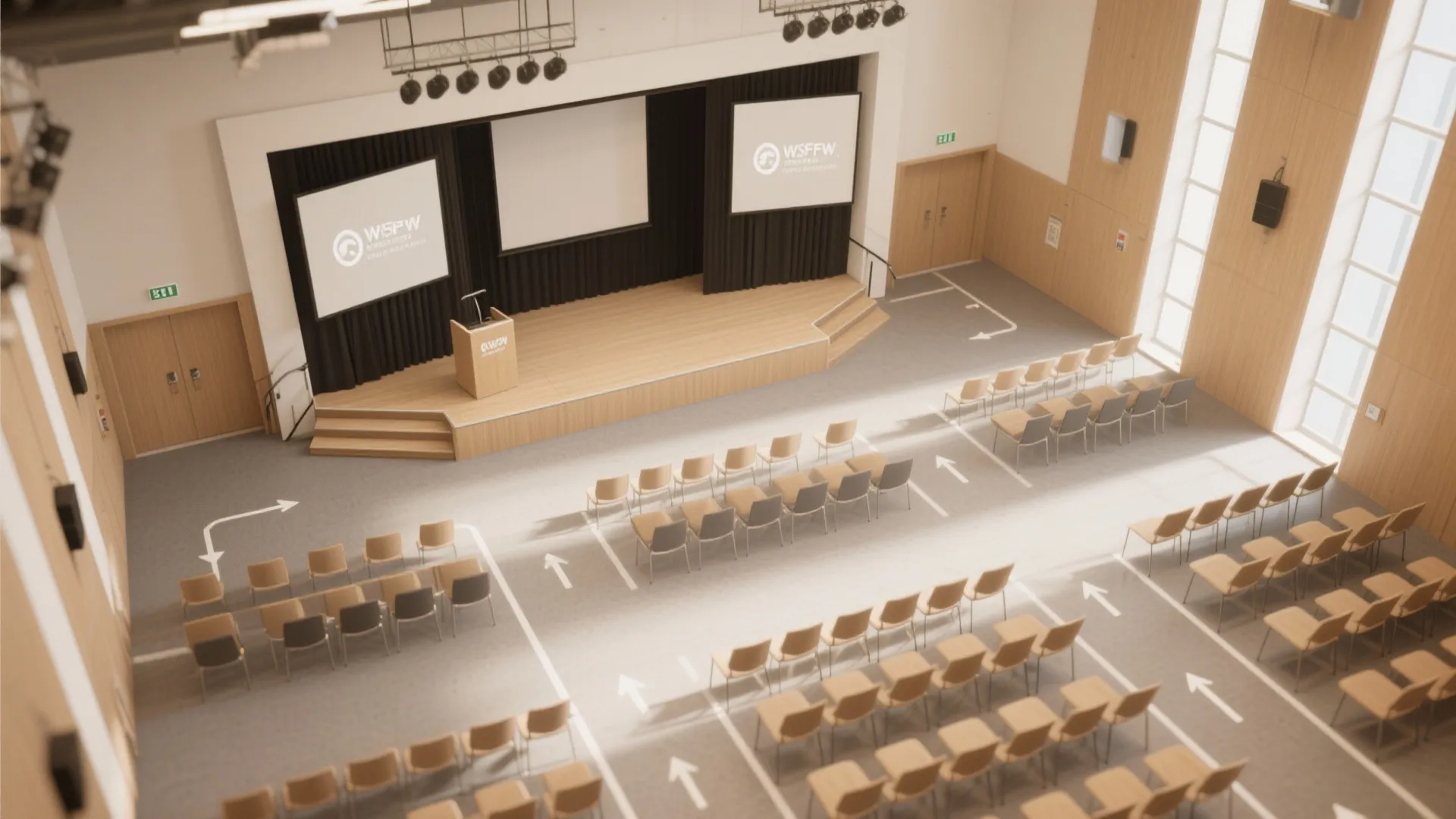 Top view of a large lecture hall with rows of chairs and wooden stage area