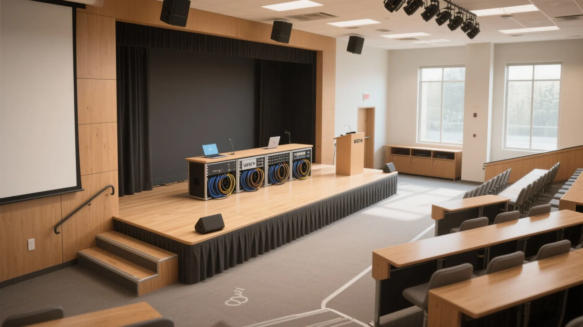 Wide view of a modern presentation stage with technical equipment wooden podium and seating rows