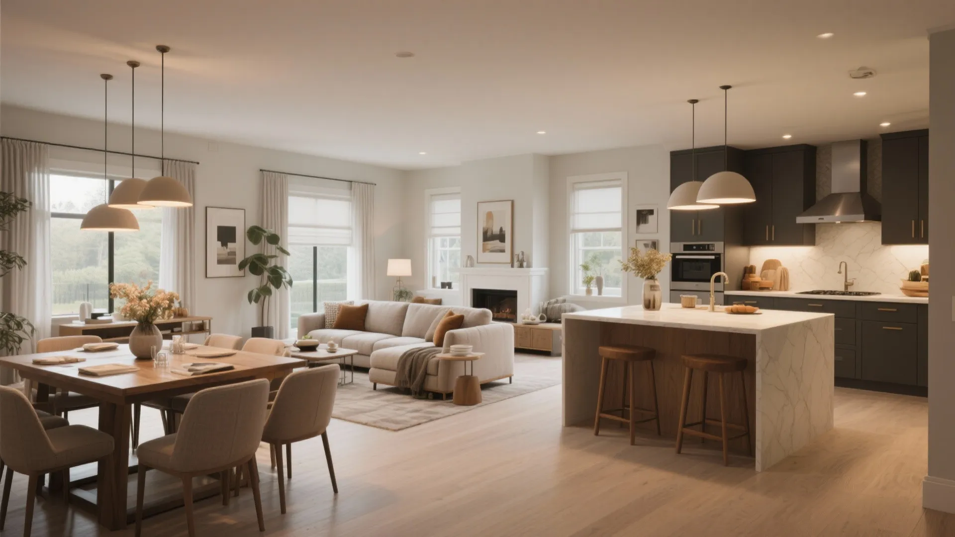 Staged open-plan living room and kitchen highlighting furnishings and lighting in neutral warm tones